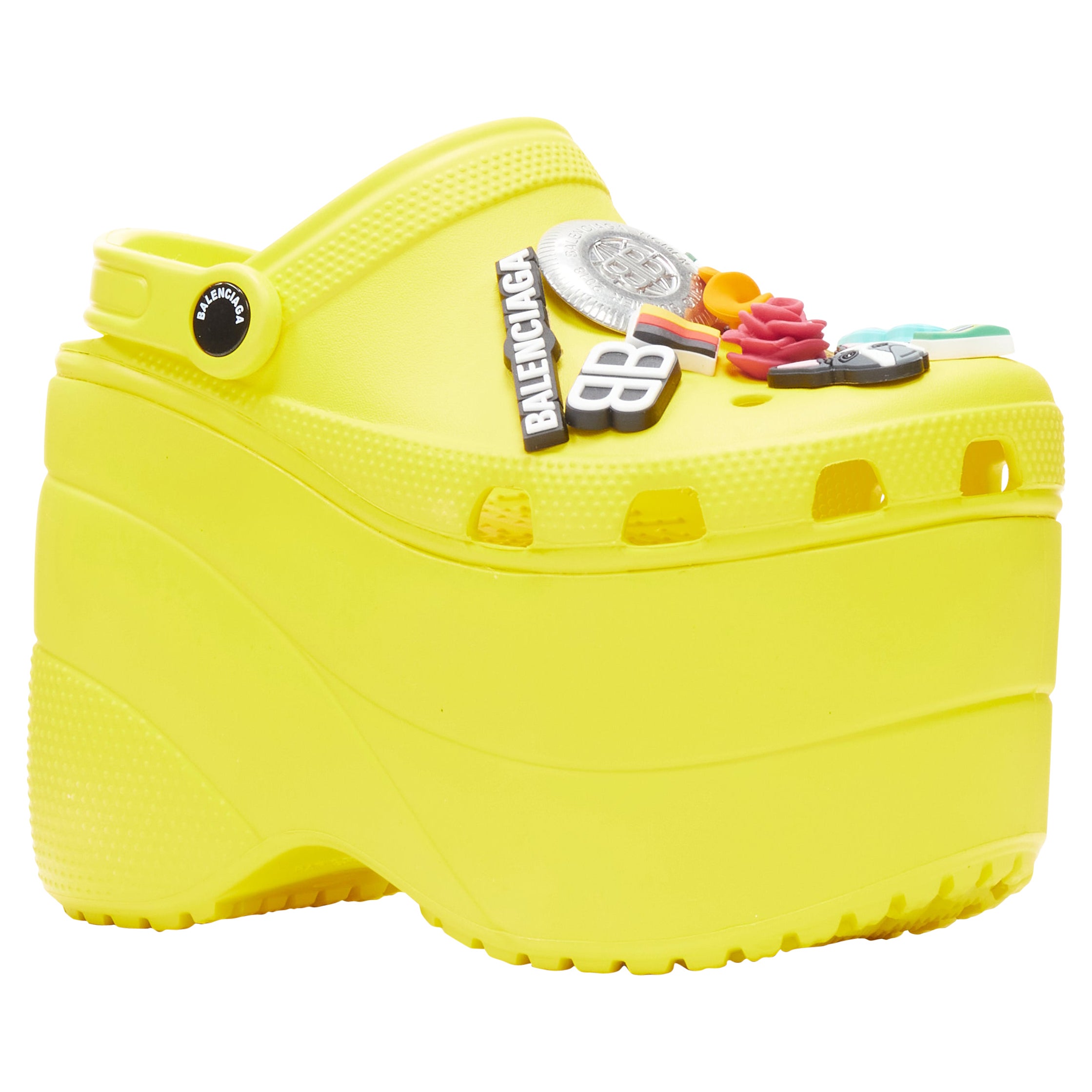 BALENCIAGA CROCS Sandales à plateforme gibbet avec logo jaune, défilé 2018, rare EU36