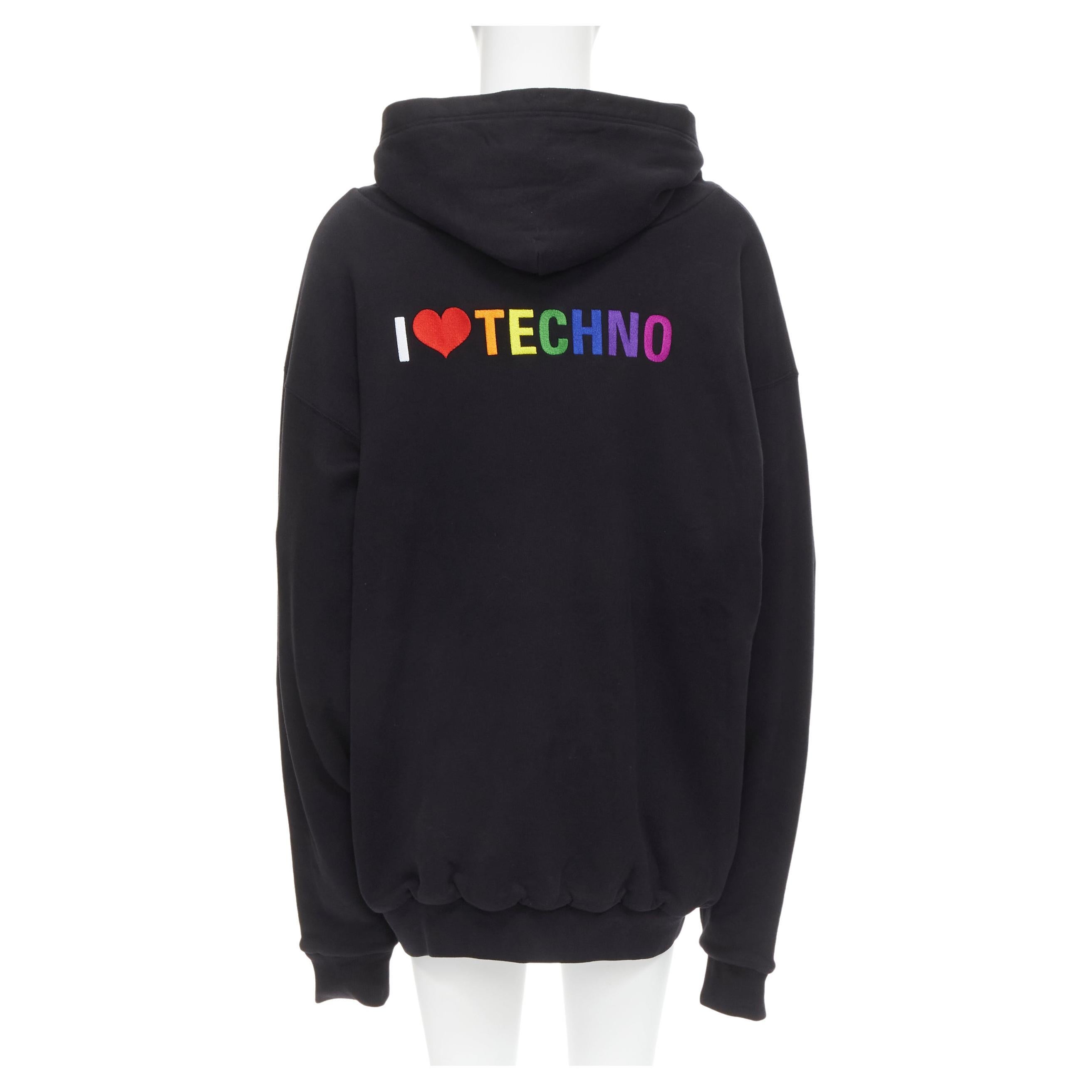 new BALENCIAGA Demna 2018 black I Love Techno embroidered oversized hoodie  S For Sale at 1stDibs