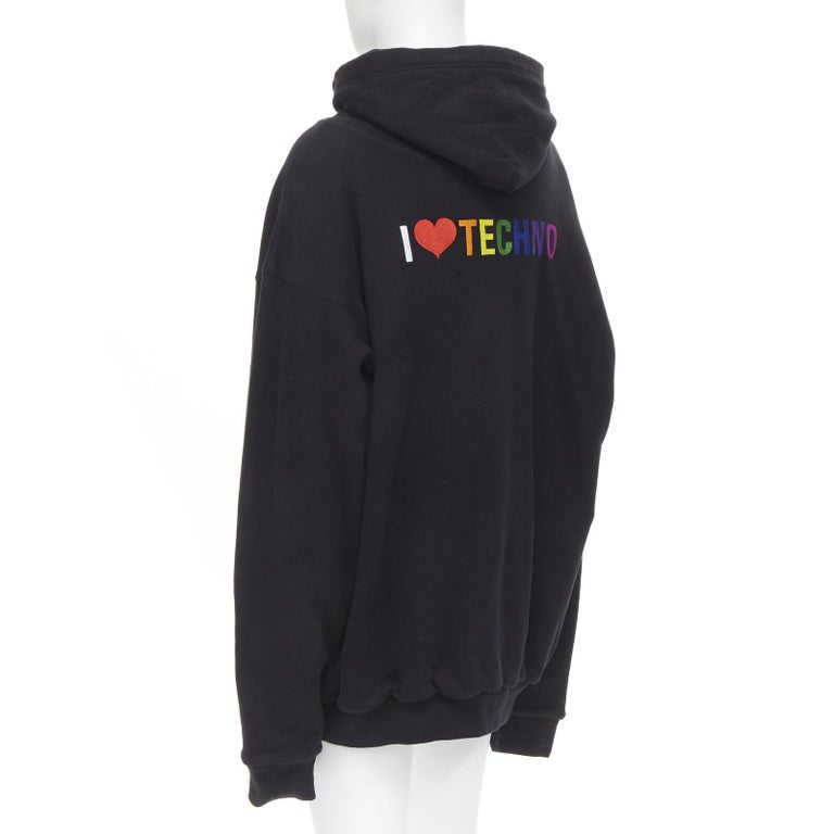 new BALENCIAGA Demna 2018 black I Love Techno embroidered oversized hoodie  M For Sale at 1stDibs