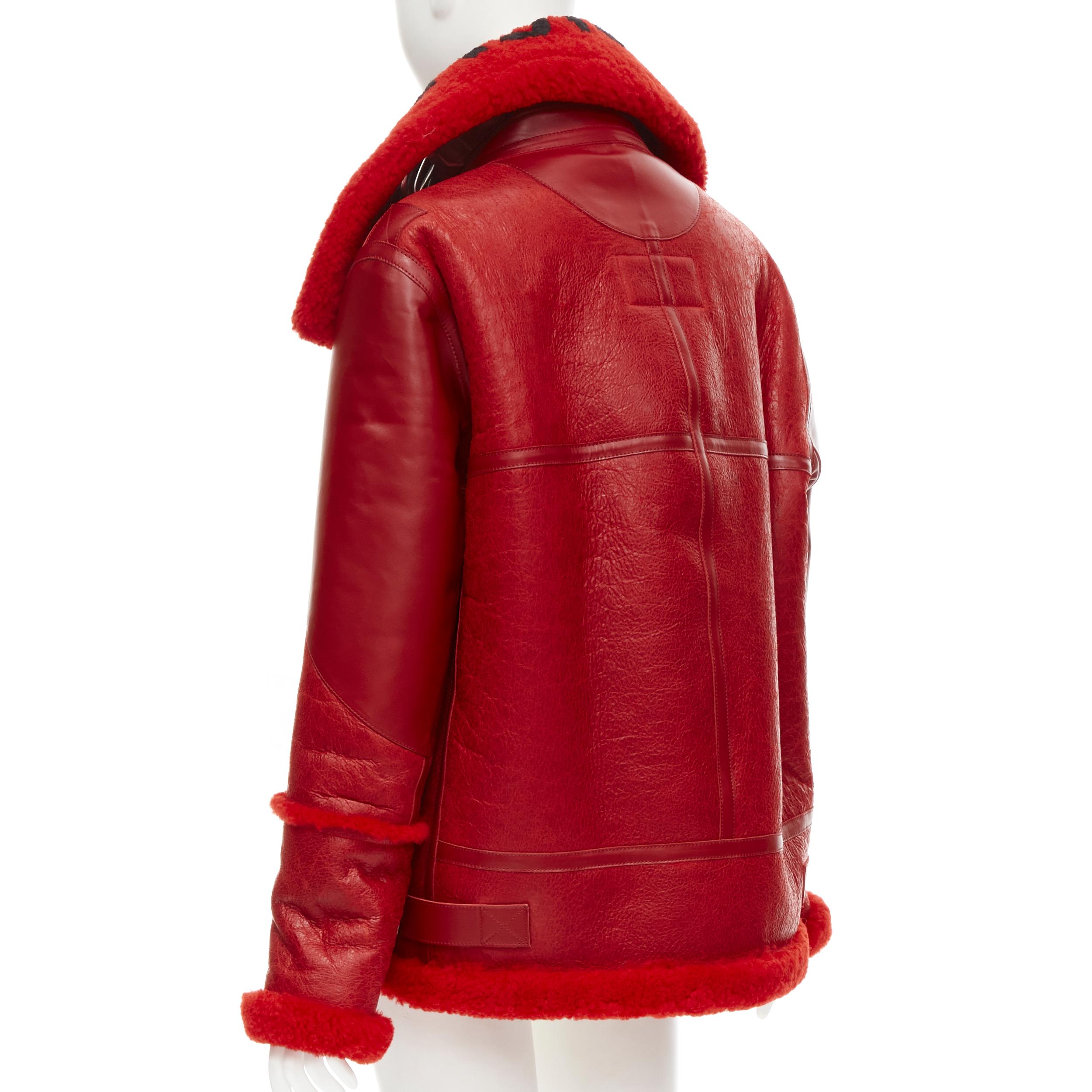 Red new BALENCIAGA Demna 2018 Le Bombardier red logo shearling leather jacket FR40 L