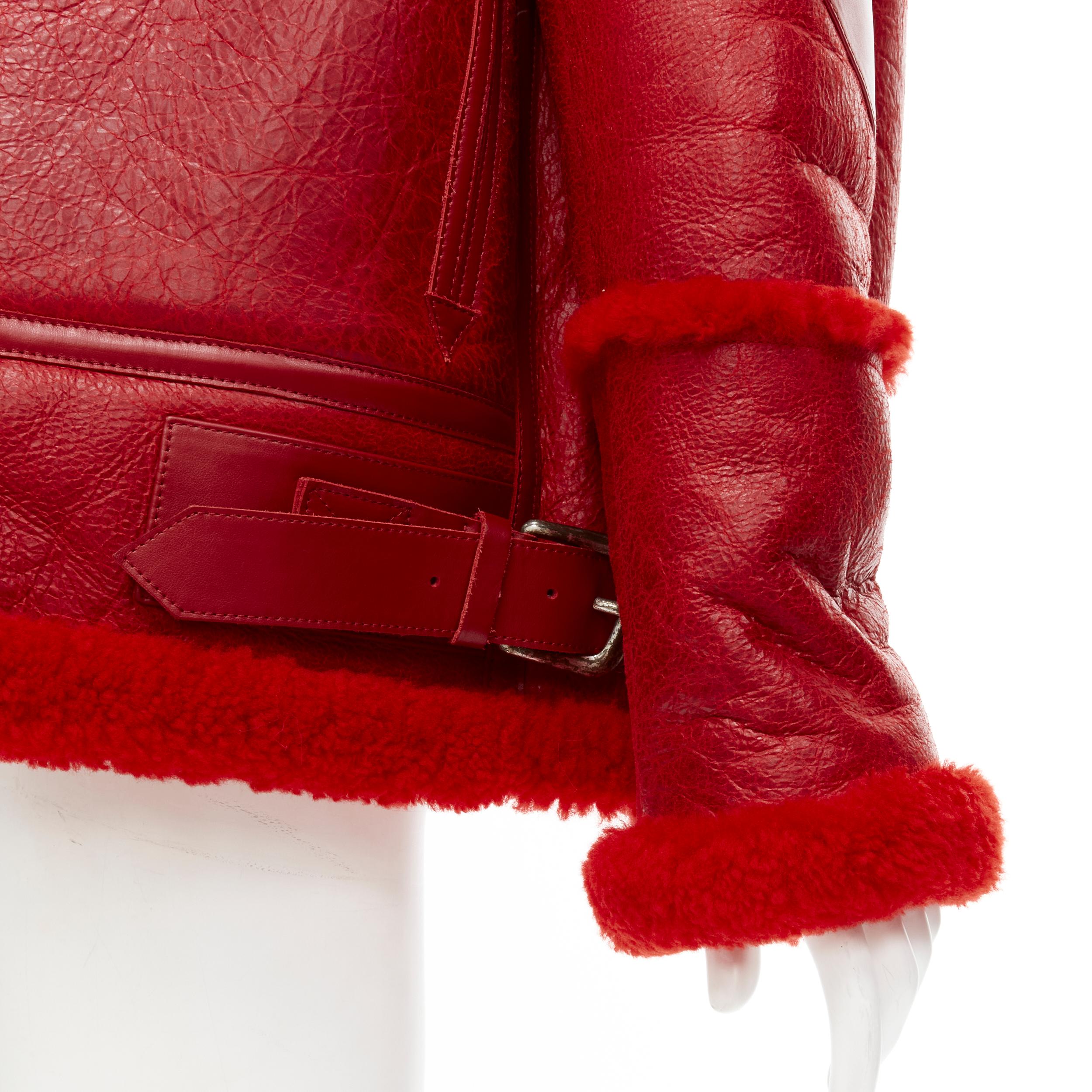 Women's new BALENCIAGA Demna 2018 Le Bombardier red logo shearling leather jacket FR40 L