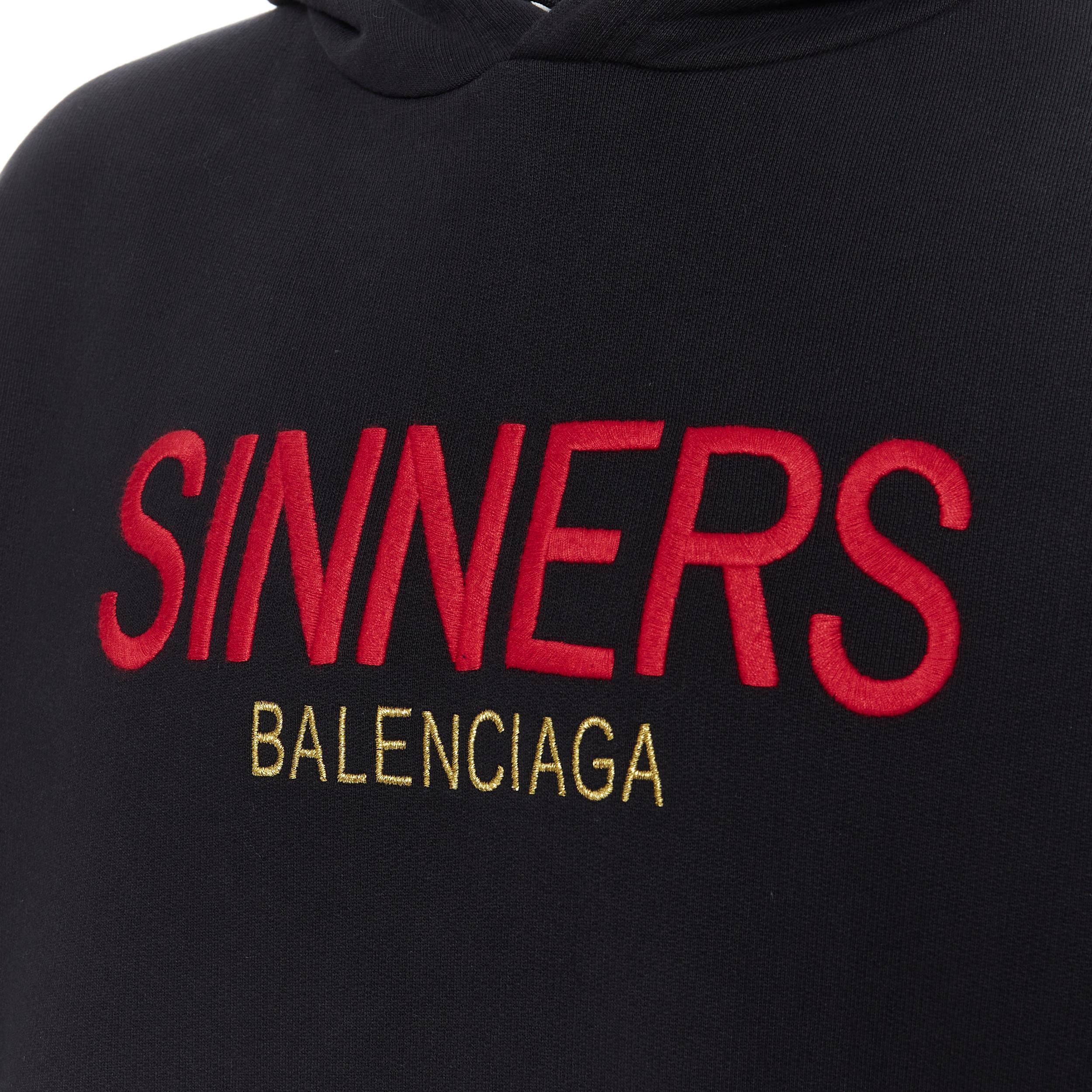 new BALENCIAGA DEMNA 2018 Sinners logo embroidery black cotton hoodie pullover L 
Reference: TGAS/B00186 
Brand: Balenciaga 
Designer: Demna Gvasalia 
Collection: 2018 
Material: Cotton 
Color: Black 
Pattern: Solid 
Made in: Italy 

CONDITION: