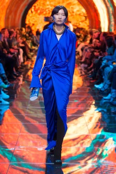 new BALENCIAGA Demna 2019 Runway blue acetate wrap tie draped maxi skirt FR34 XS