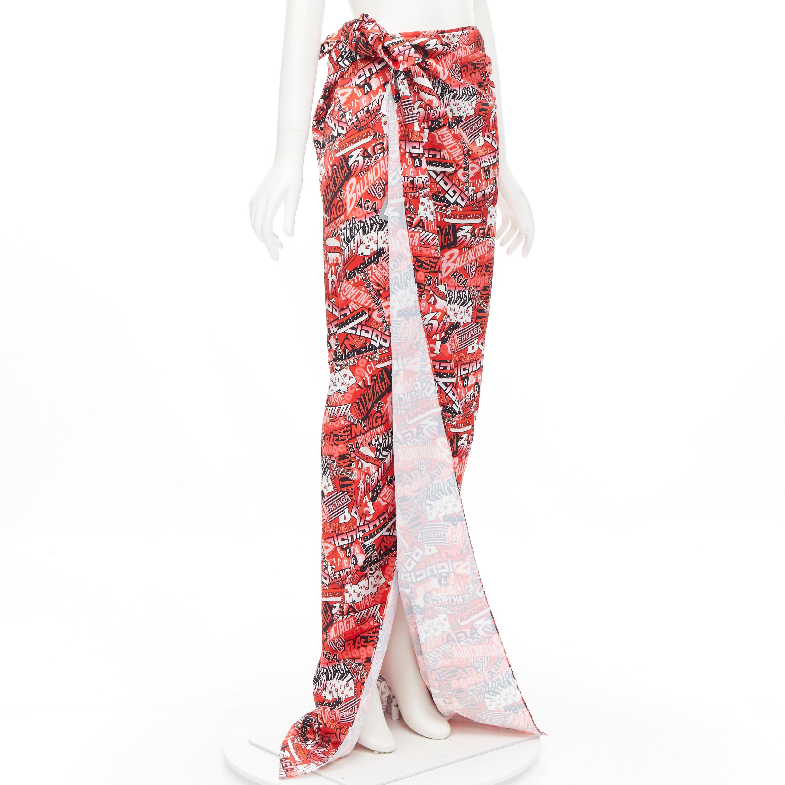 Beige new BALENCIAGA Demna 2019 Runway red logo print wrap tie maxi skirt FR36 S For Sale