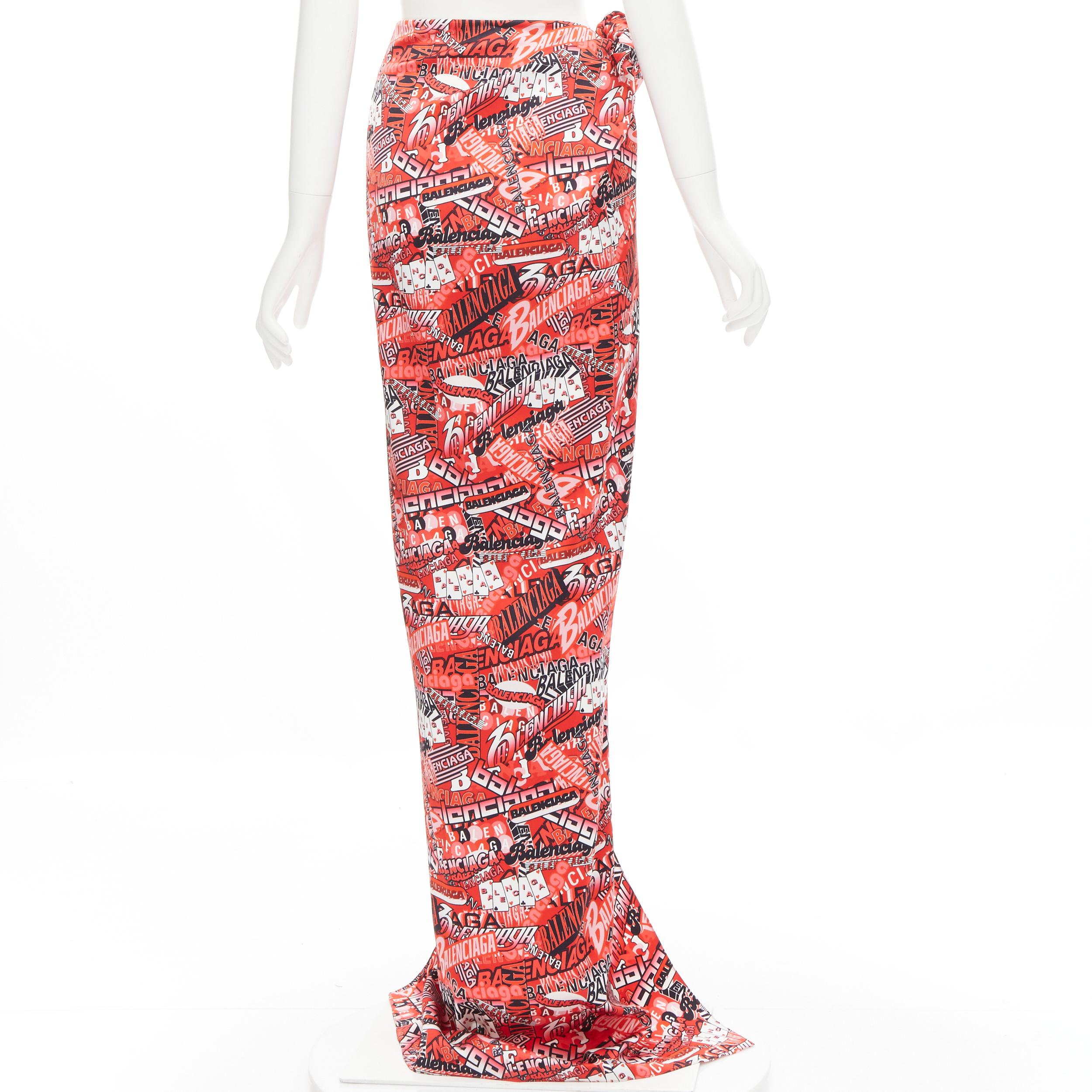 Women's new BALENCIAGA Demna 2019 Runway red logo print wrap tie maxi skirt FR36 S For Sale