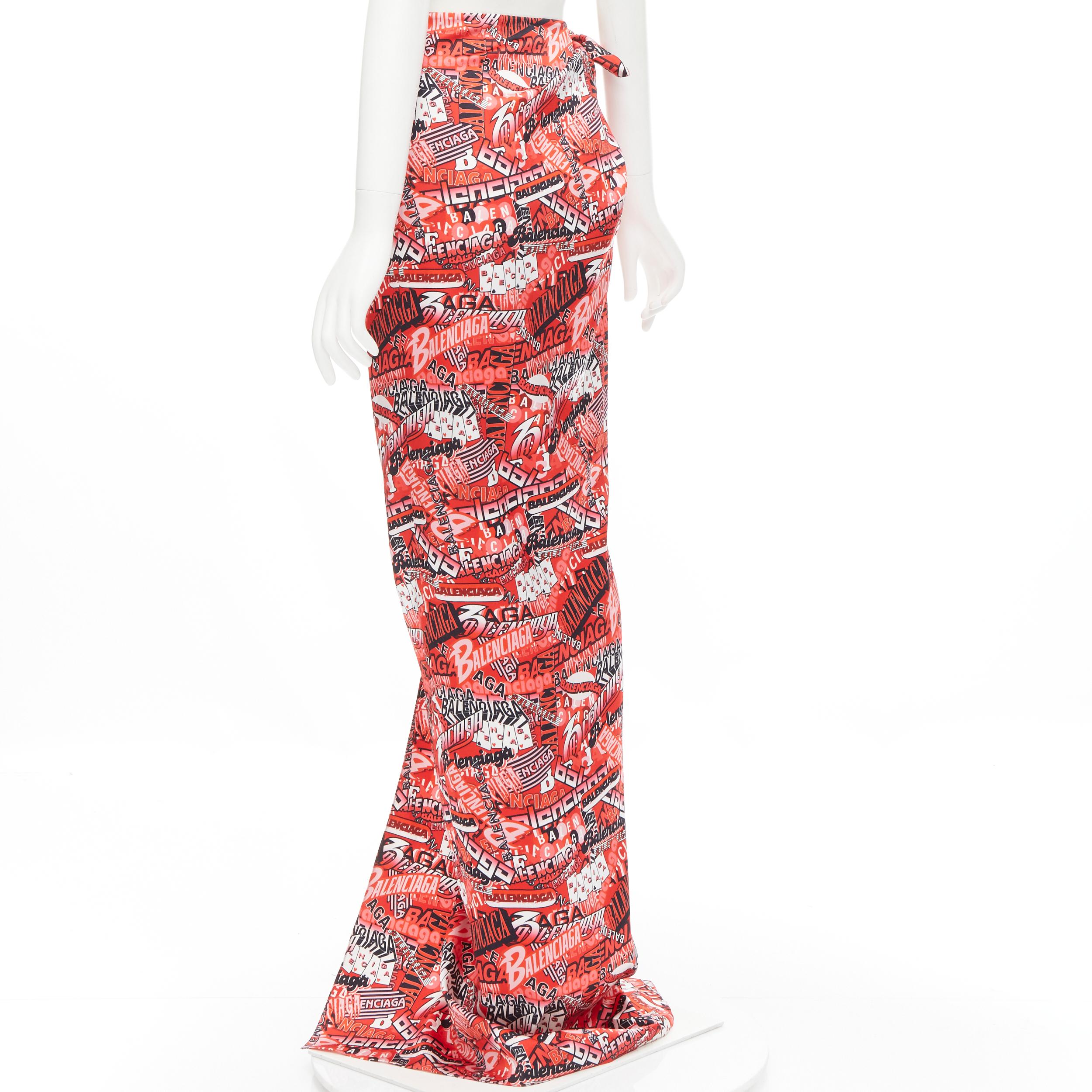 new BALENCIAGA Demna 2019 Runway red logo print wrap tie maxi skirt FR36 S For Sale 1
