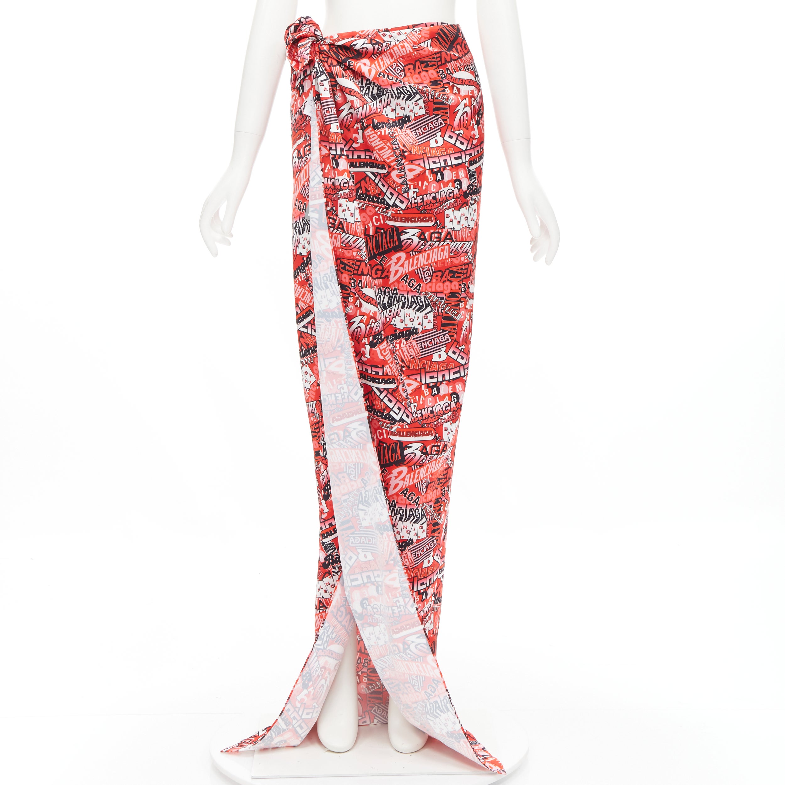 new BALENCIAGA Demna 2019 Runway red logo print wrap tie maxi skirt FR36 S For Sale