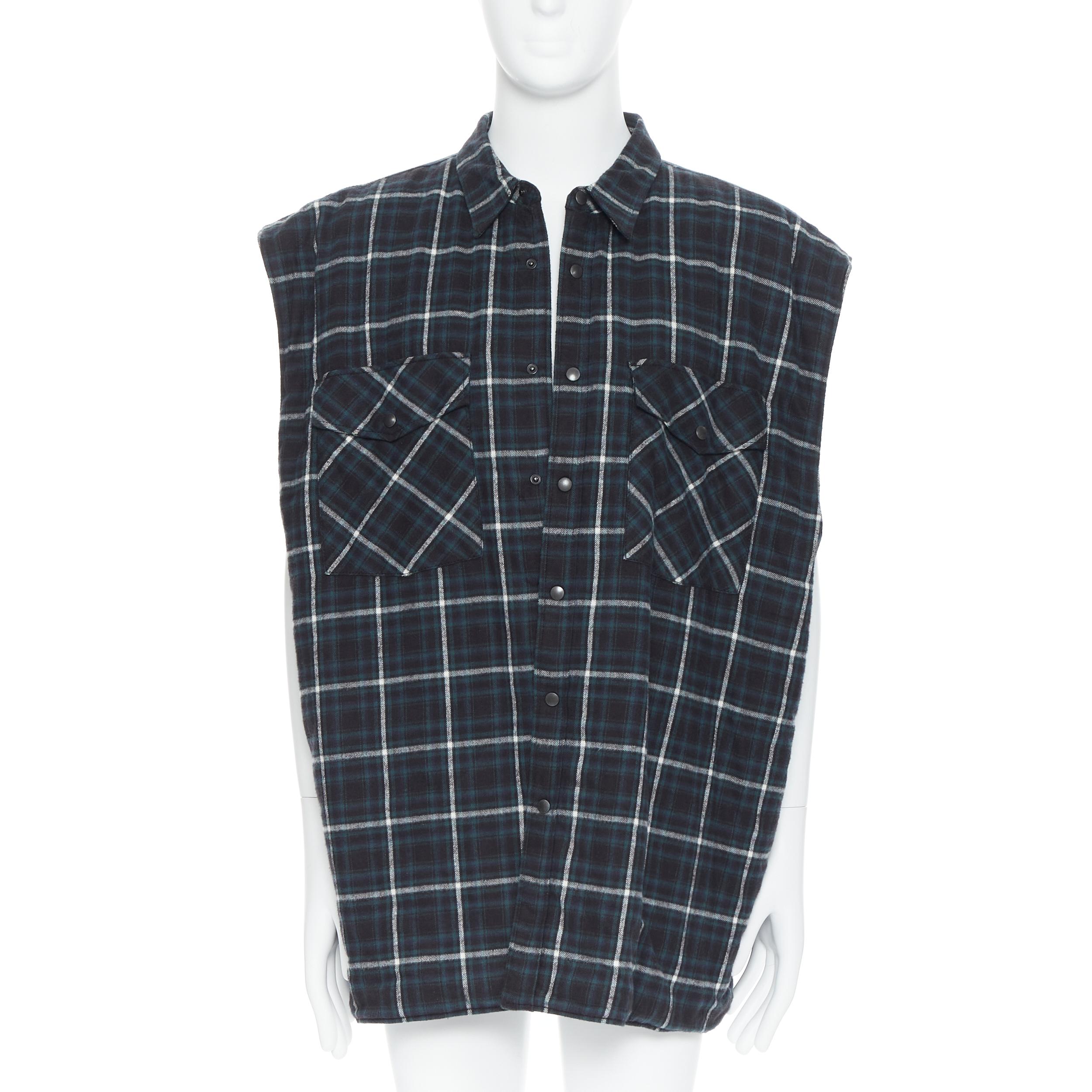 nuevo BALENCIAGA DEMNA 2019 Twin Set acolchado cuadros verdes acanalado doble camisa M Negro