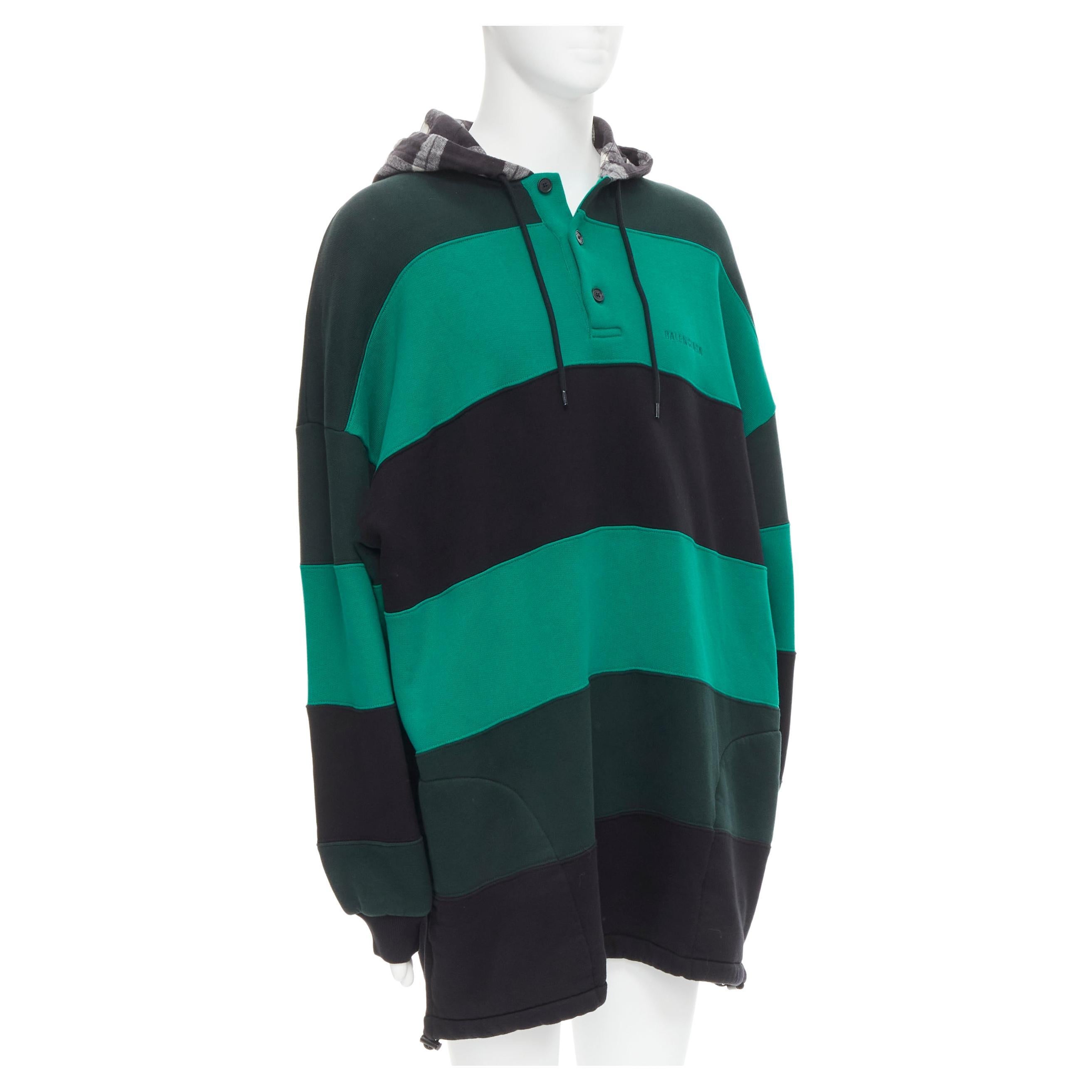 new BALENCIAGA Demna green black striped patchwork checked hoodie oversized L For Sale