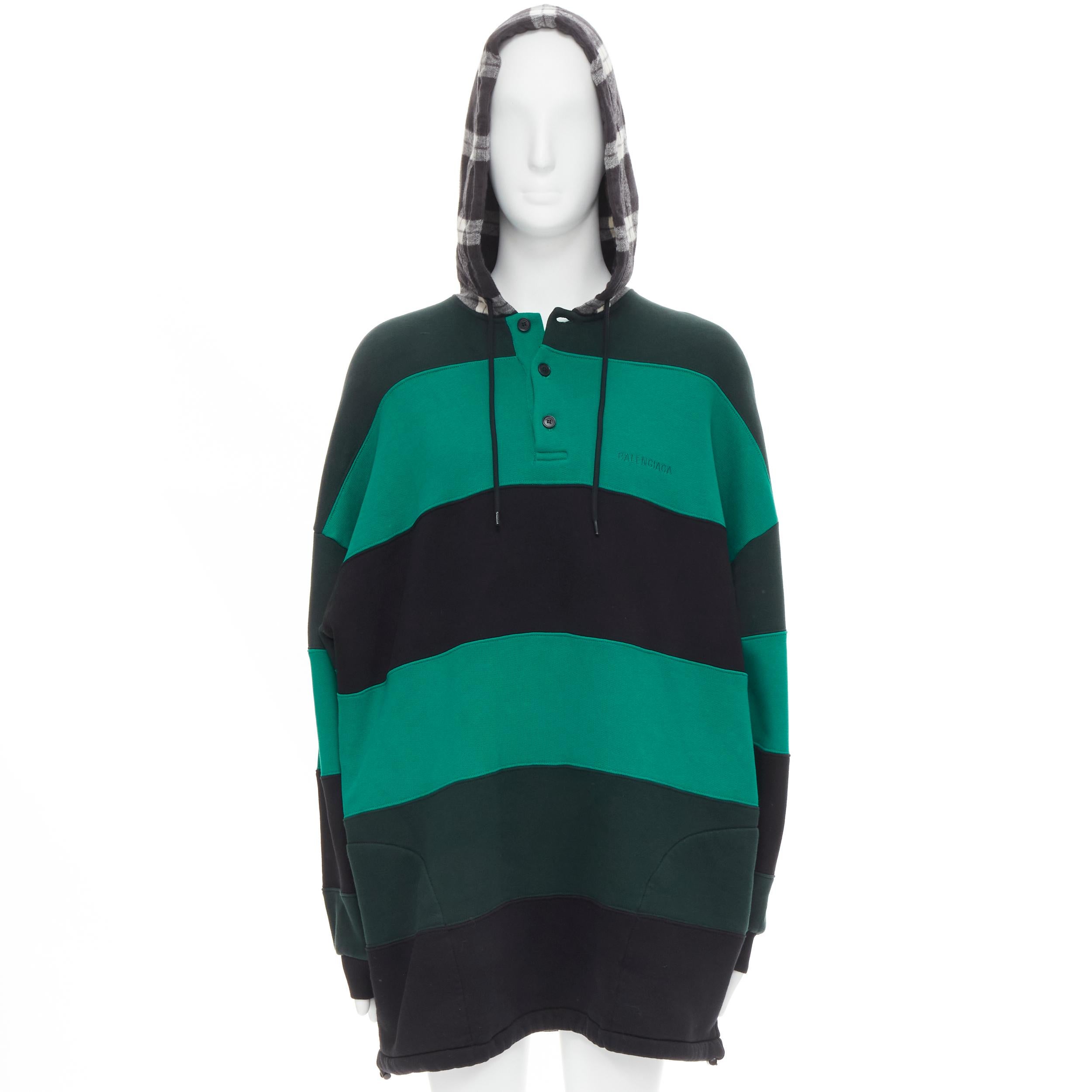 Bleu new BALENCIAGA Demna green black striped patchwork checked hoodie sweater M en vente