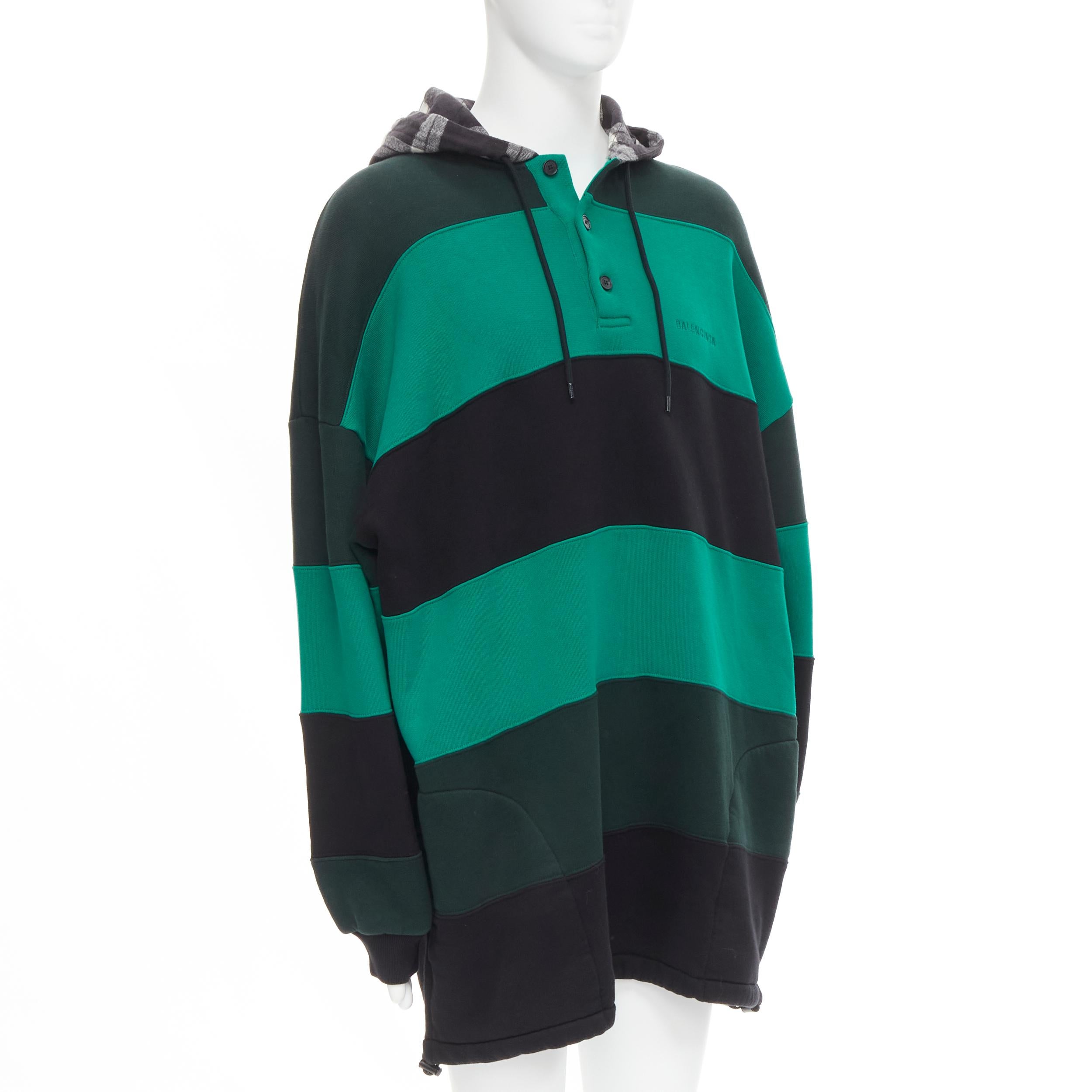 new BALENCIAGA Demna green black striped patchwork checked hoodie sweater M Neuf - En vente à Hong Kong, NT