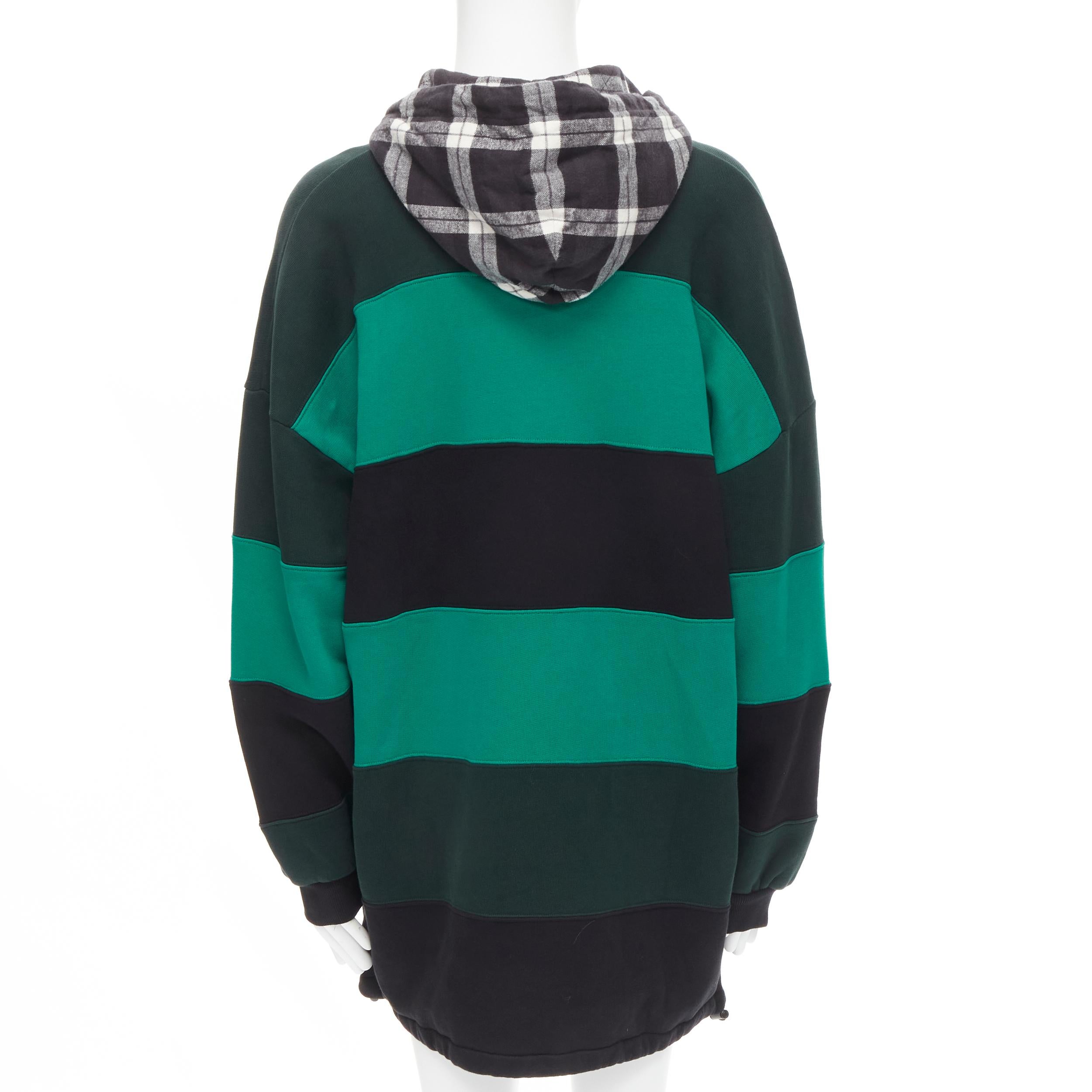 new BALENCIAGA Demna green black striped patchwork checked hoodie sweater M en vente 1