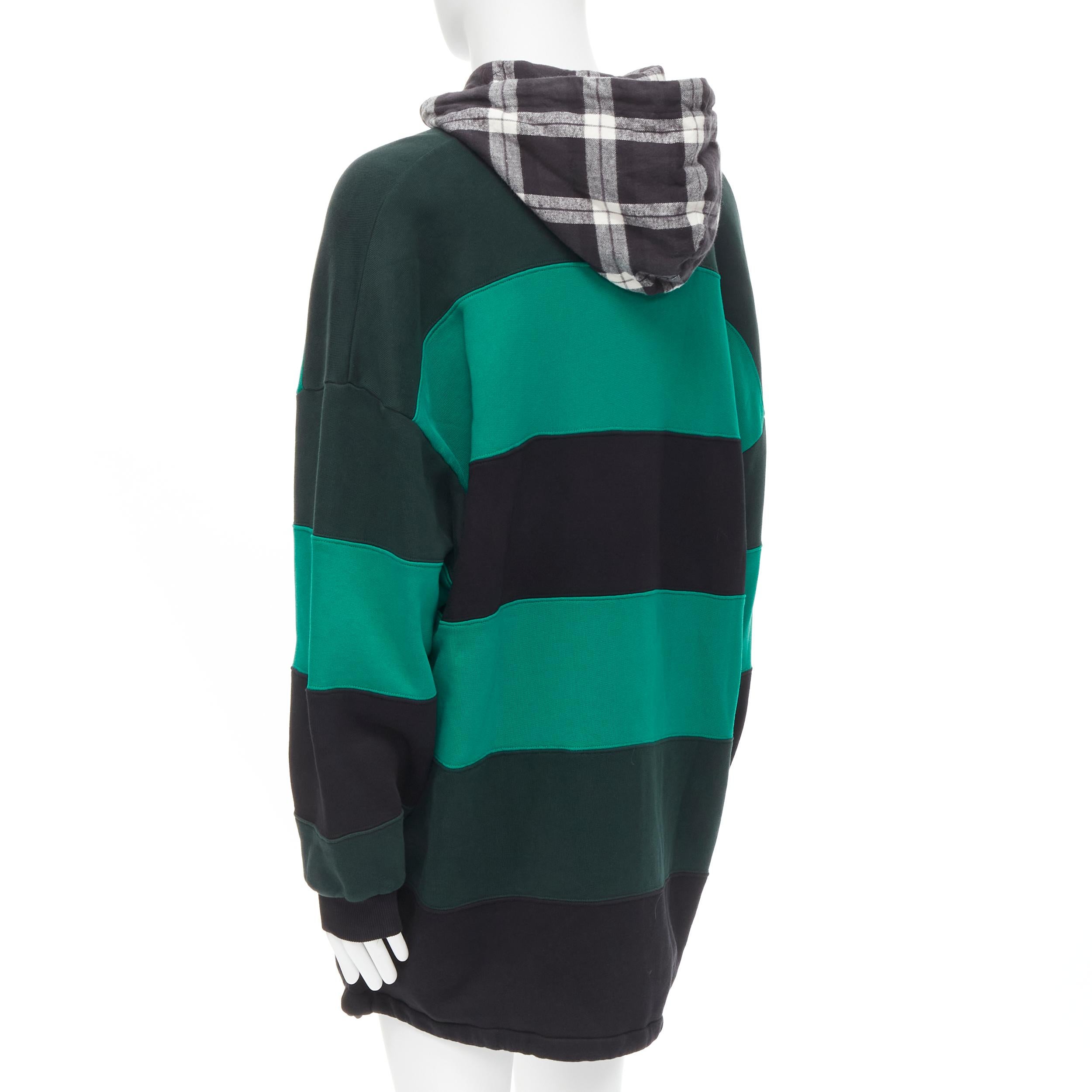 new BALENCIAGA Demna green black striped patchwork checked hoodie sweater M en vente 2