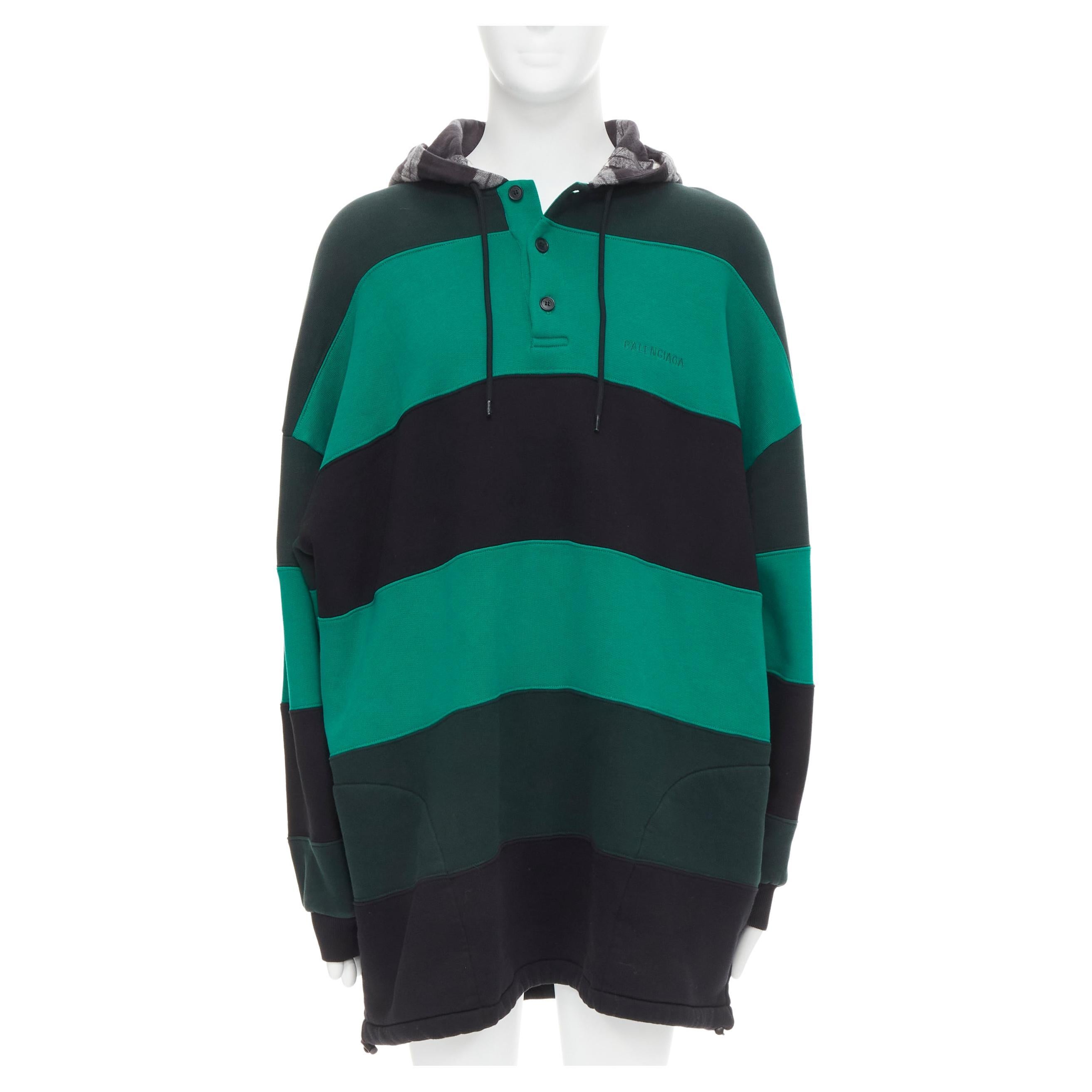 new BALENCIAGA Demna green black striped patchwork checked hoodie sweater M en vente