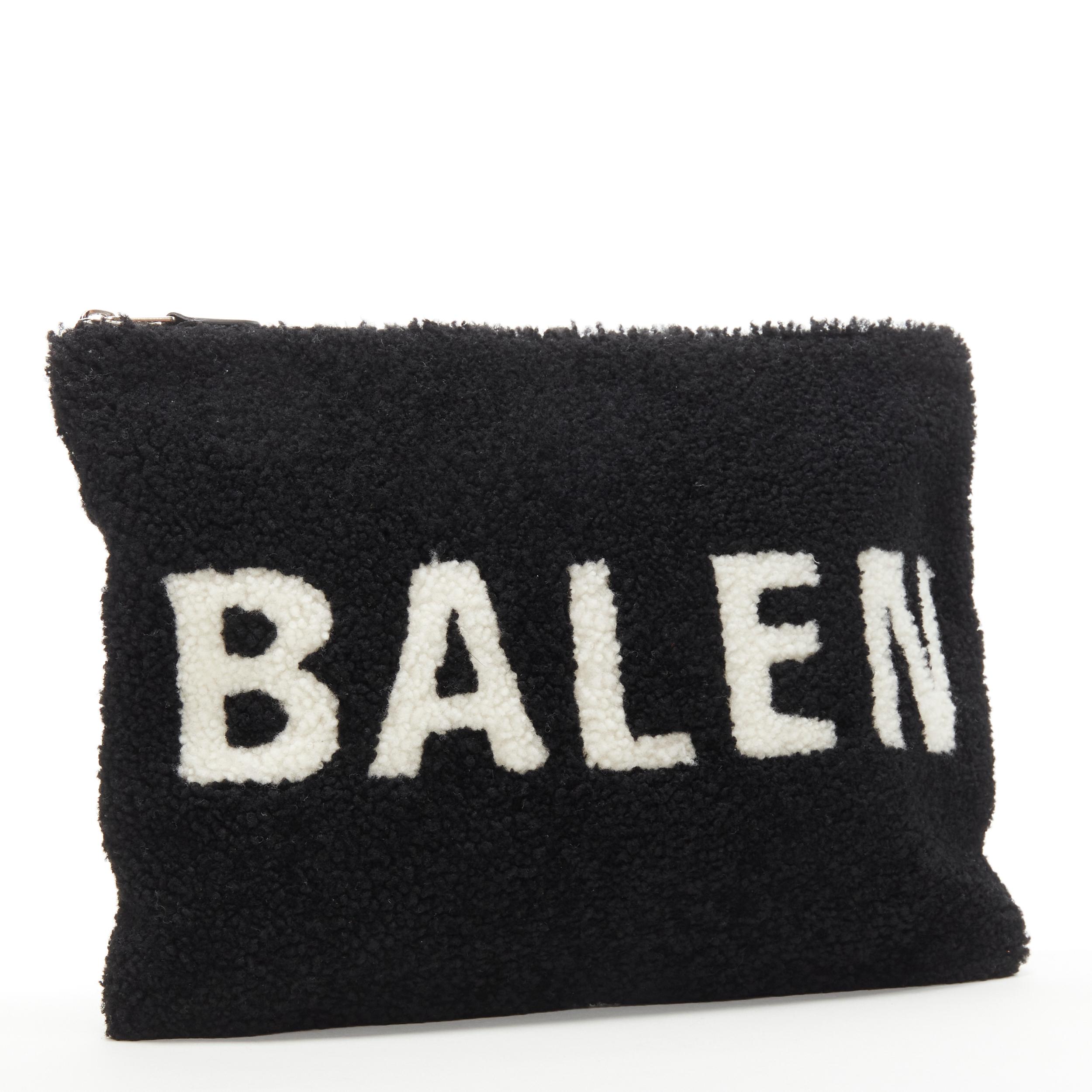 Black new BALENCIAGA Demna logo print black white merino lamb shearling zip clutch bag