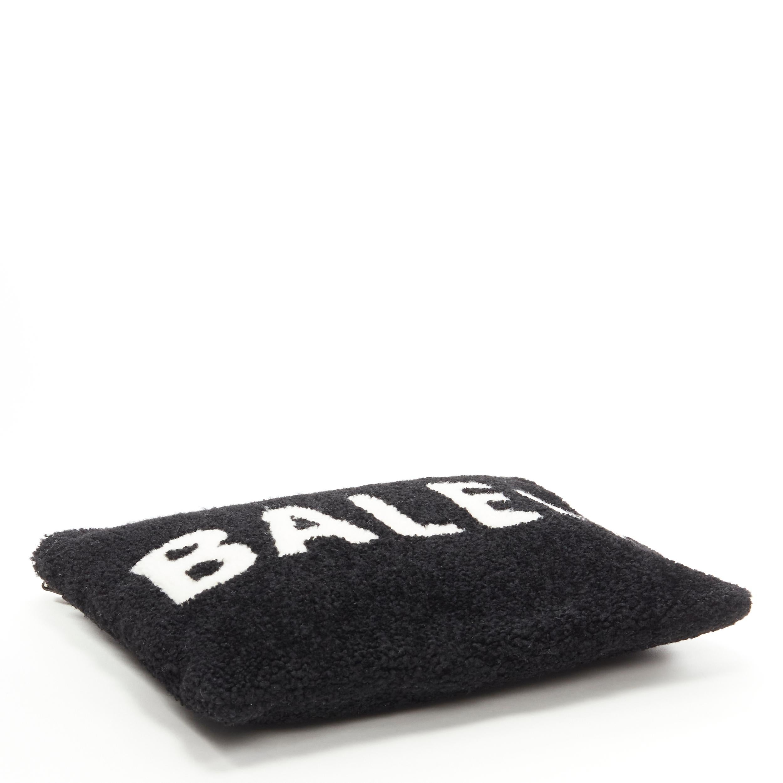 Women's new BALENCIAGA Demna logo print black white merino lamb shearling zip clutch bag