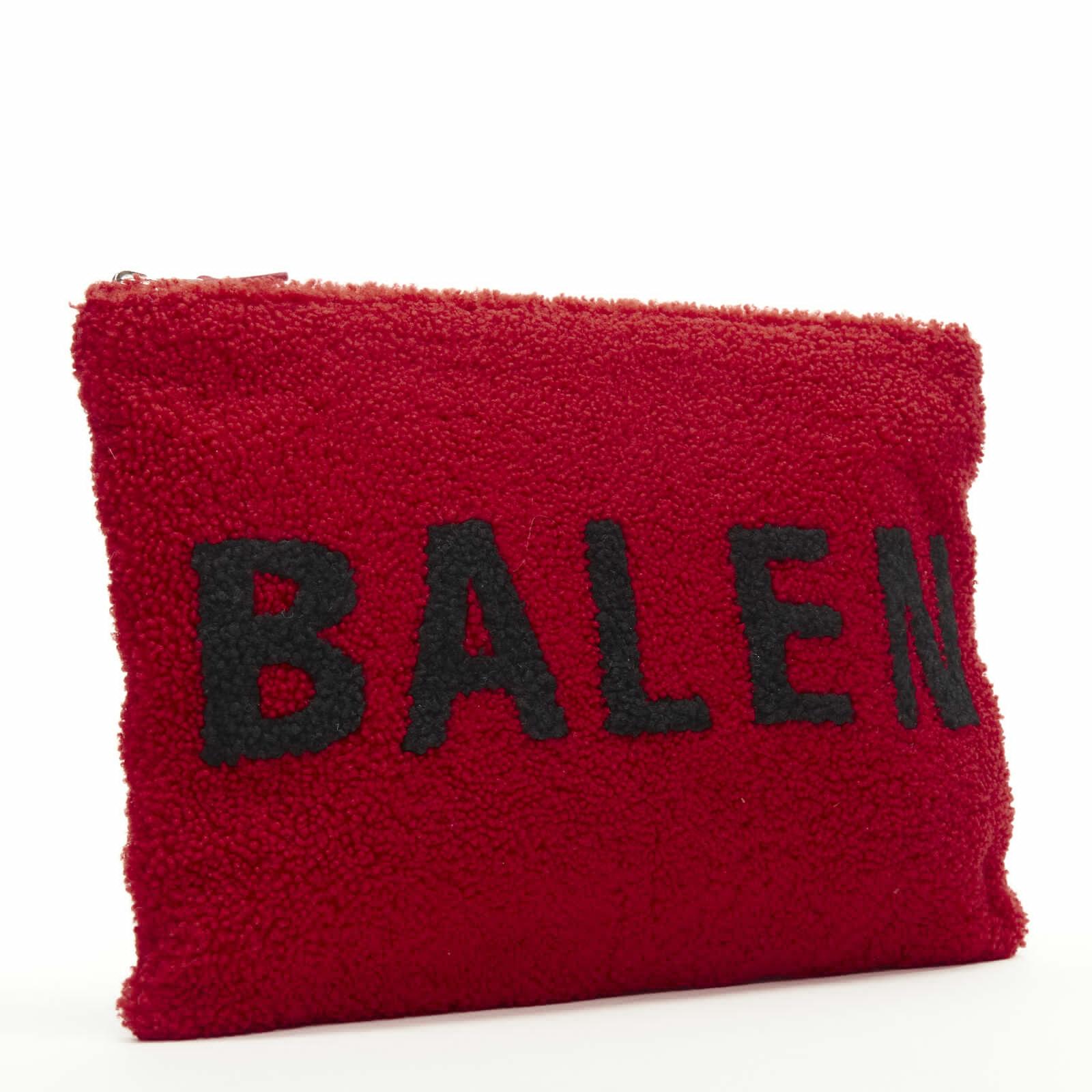 Red new BALENCIAGA Demna logo red black dyed merino lamb shearling zip clutch bag For Sale