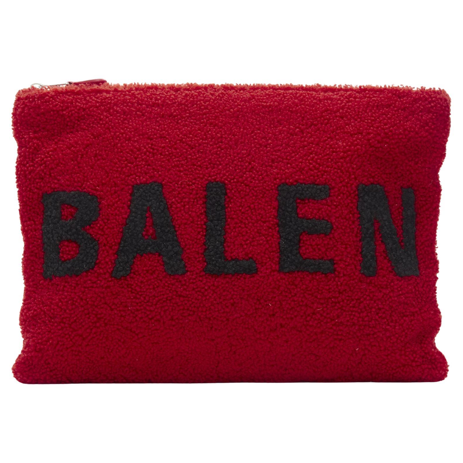 new BALENCIAGA Demna logo red black dyed merino lamb shearling zip clutch bag For Sale