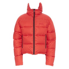 new BALENCIAGA DEMNA red grid nylon logo cropped zip down puffer jacket EU50 L