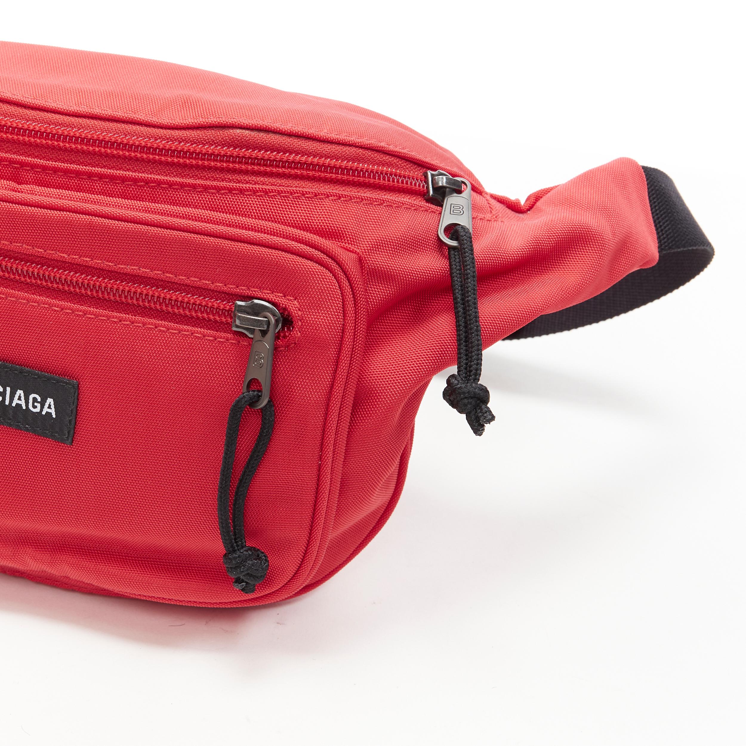 Women's or Men's new BALENCIAGA DEMNA red logo dual pocket nylon black waist belt crossbody bag For Sale