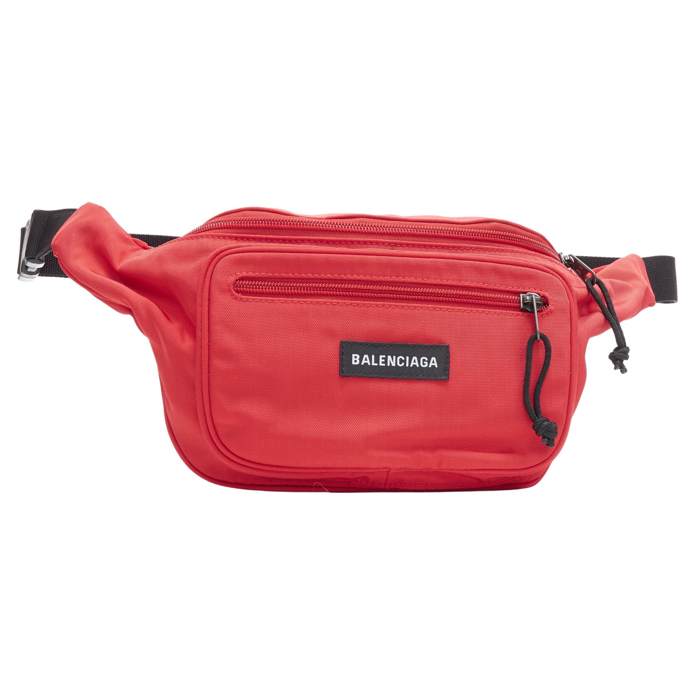 new BALENCIAGA DEMNA red logo dual pocket nylon black waist belt crossbody bag For Sale