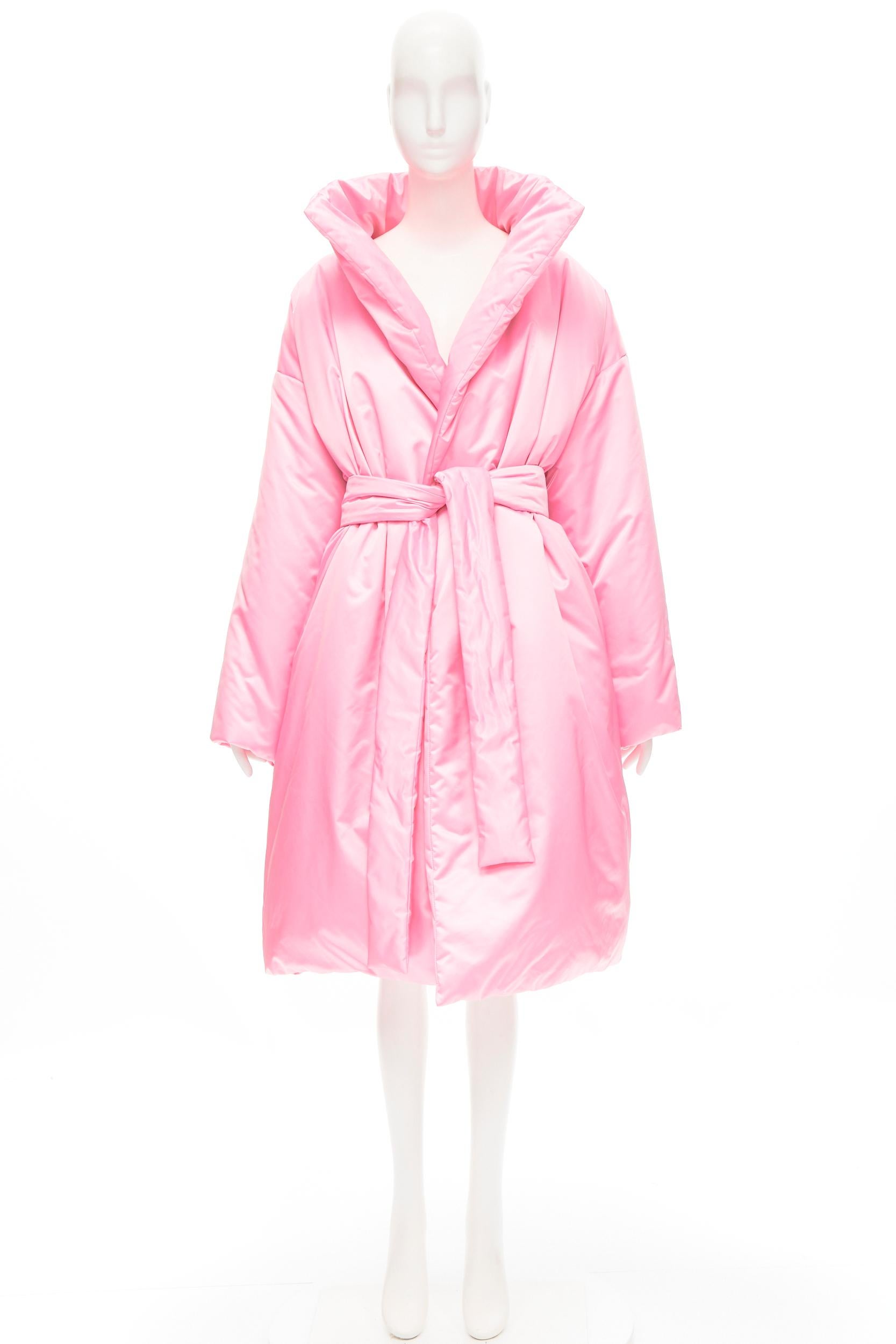 new BALENCIAGA Demna Runway pink nylon satin belted padded puffer coat robe S 2