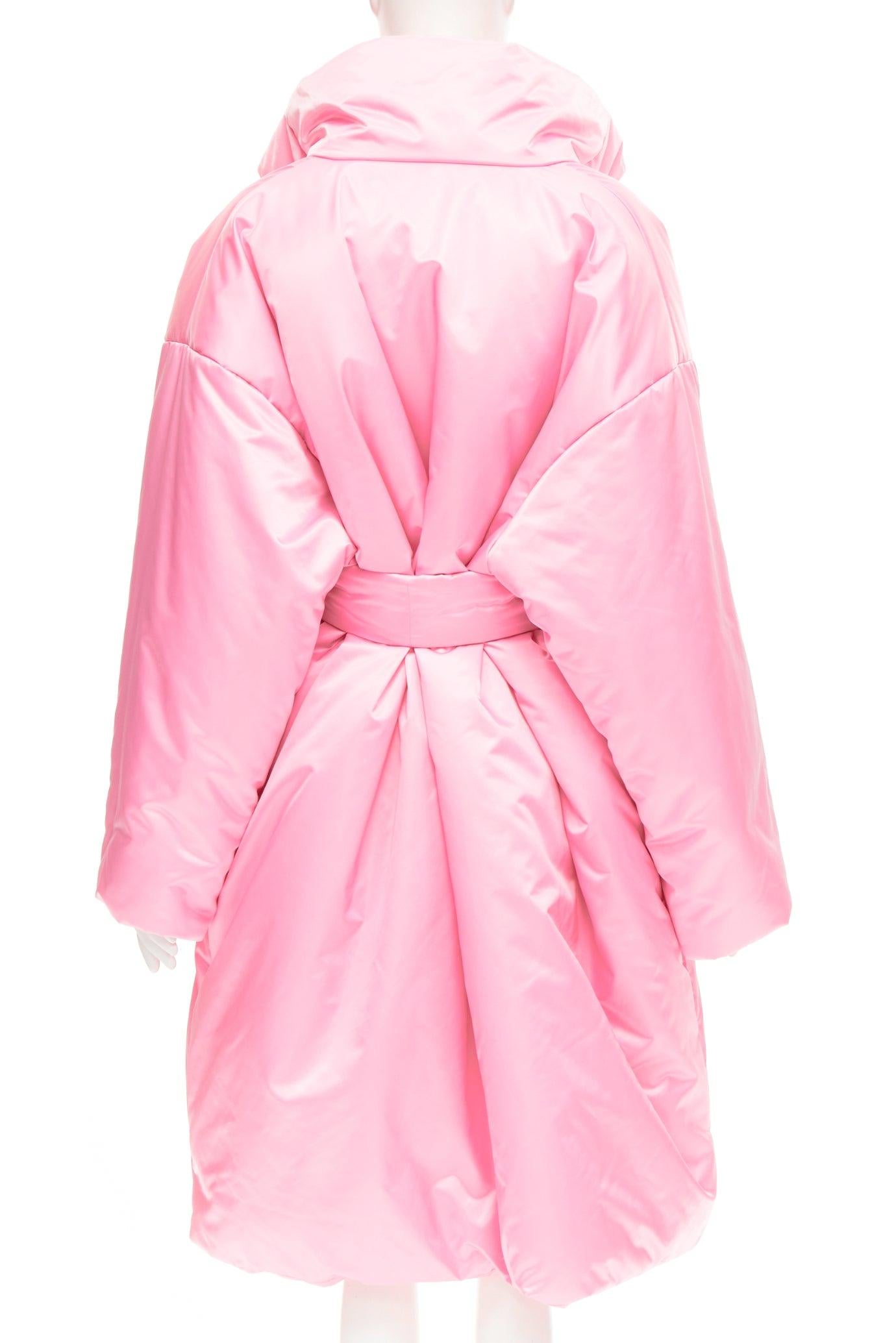 Pink new BALENCIAGA Demna Runway pink nylon satin belted padded puffer coat robe S