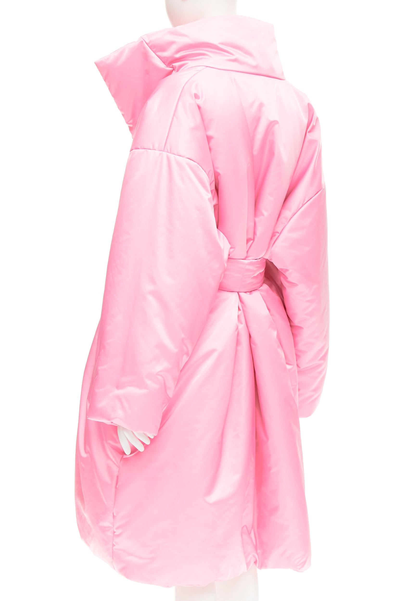 Pink new BALENCIAGA Demna Runway pink nylon satin belted padded puffer coat robe S
