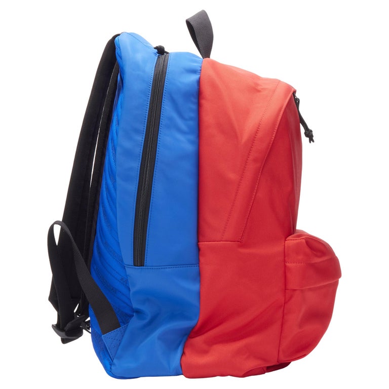 new BALENCIAGA Double Backpack red blue nylon layered monogram jacquard bag  at 1stDibs
