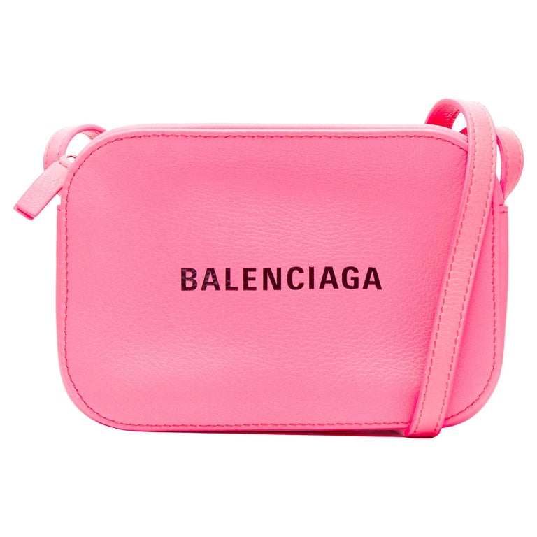 new BALENCIAGA Everyday Camera neon pink black logo leather crossbody bag  at 1stDibs