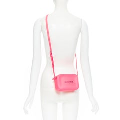 new BALENCIAGA Everyday Camera neon pink leather black logo print crossbody bag