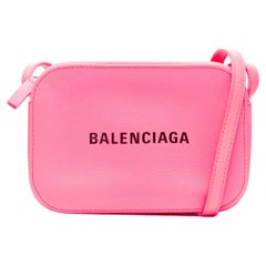 new BALENCIAGA Everyday Camera neon pink leather black logo print crossbody bag