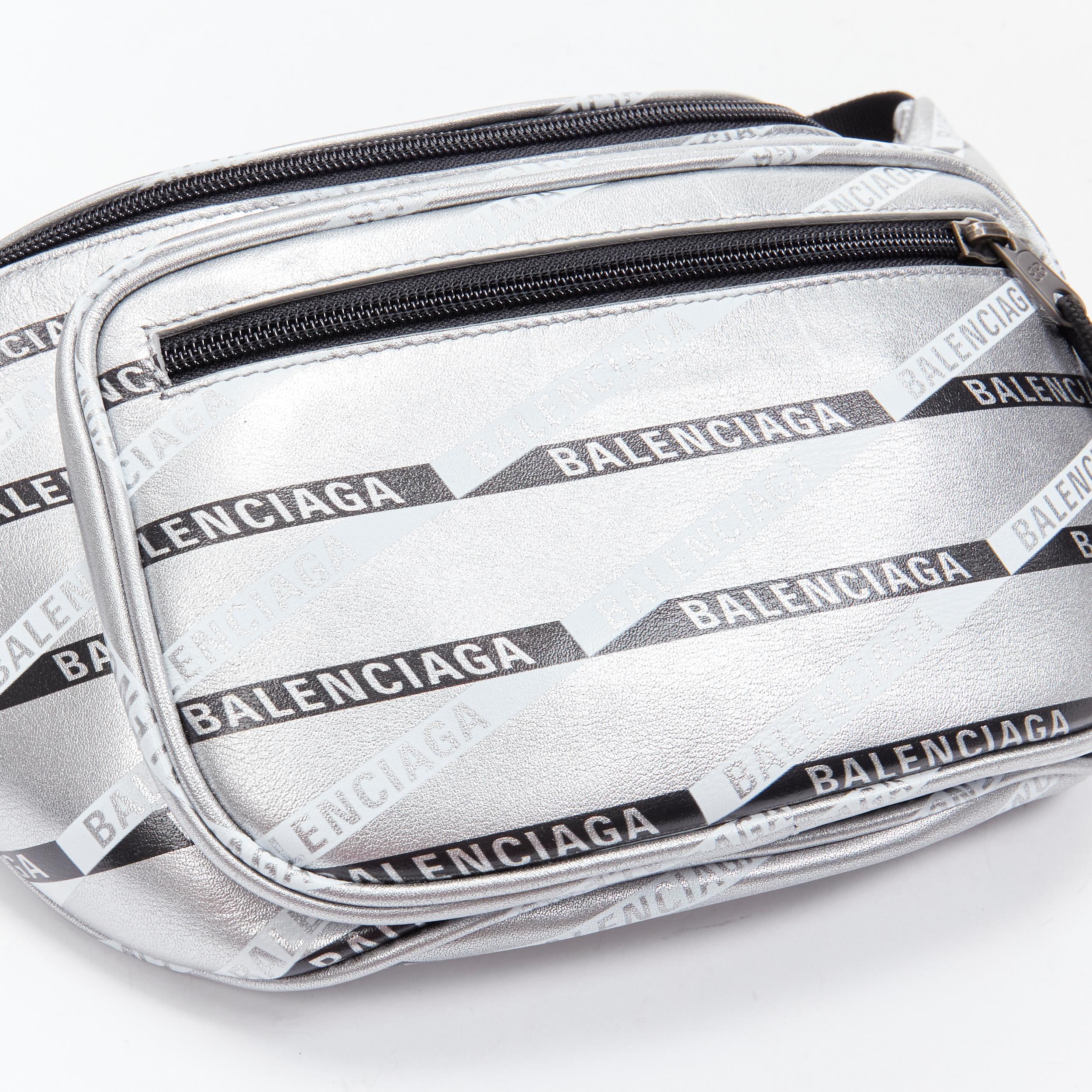 Men's new BALENCIAGA Explorer silver black logo print leather crossbody belt bag