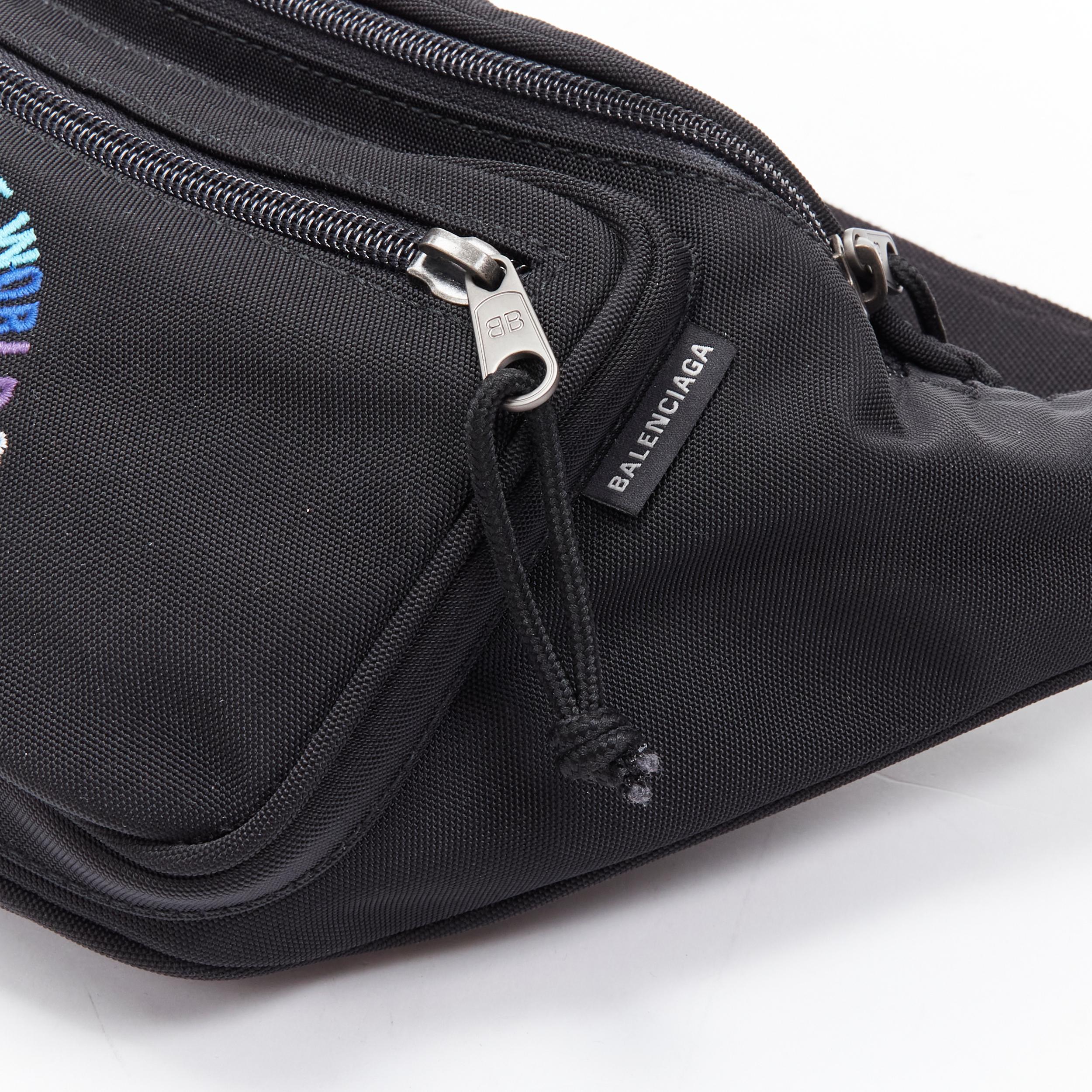 new BALENCIAGA Explorer You Are The World embroidered black nylon waist bag In New Condition In Hong Kong, NT