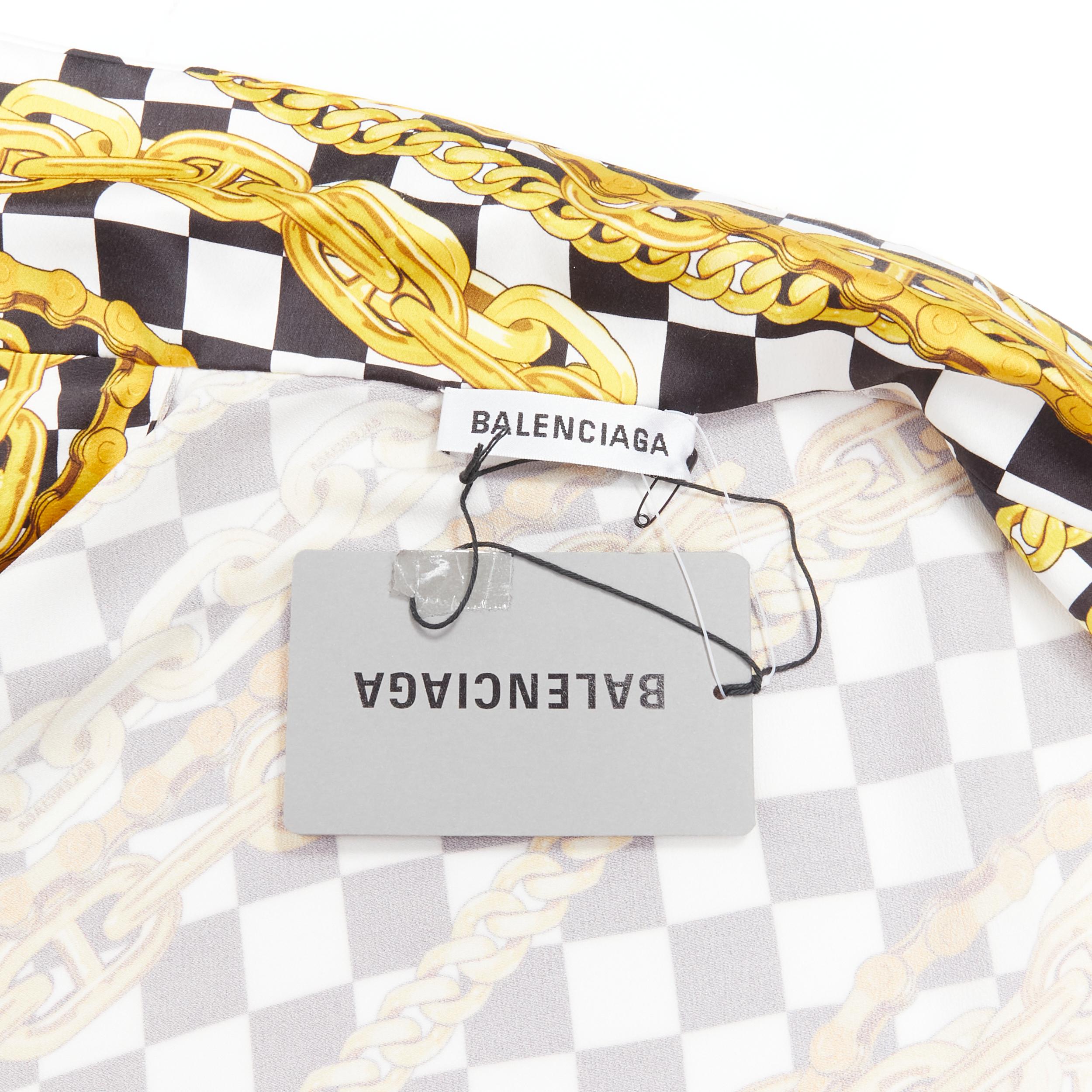 new BALENCIAGA gold vintage chain black white checker shirt dress robe FR38 3
