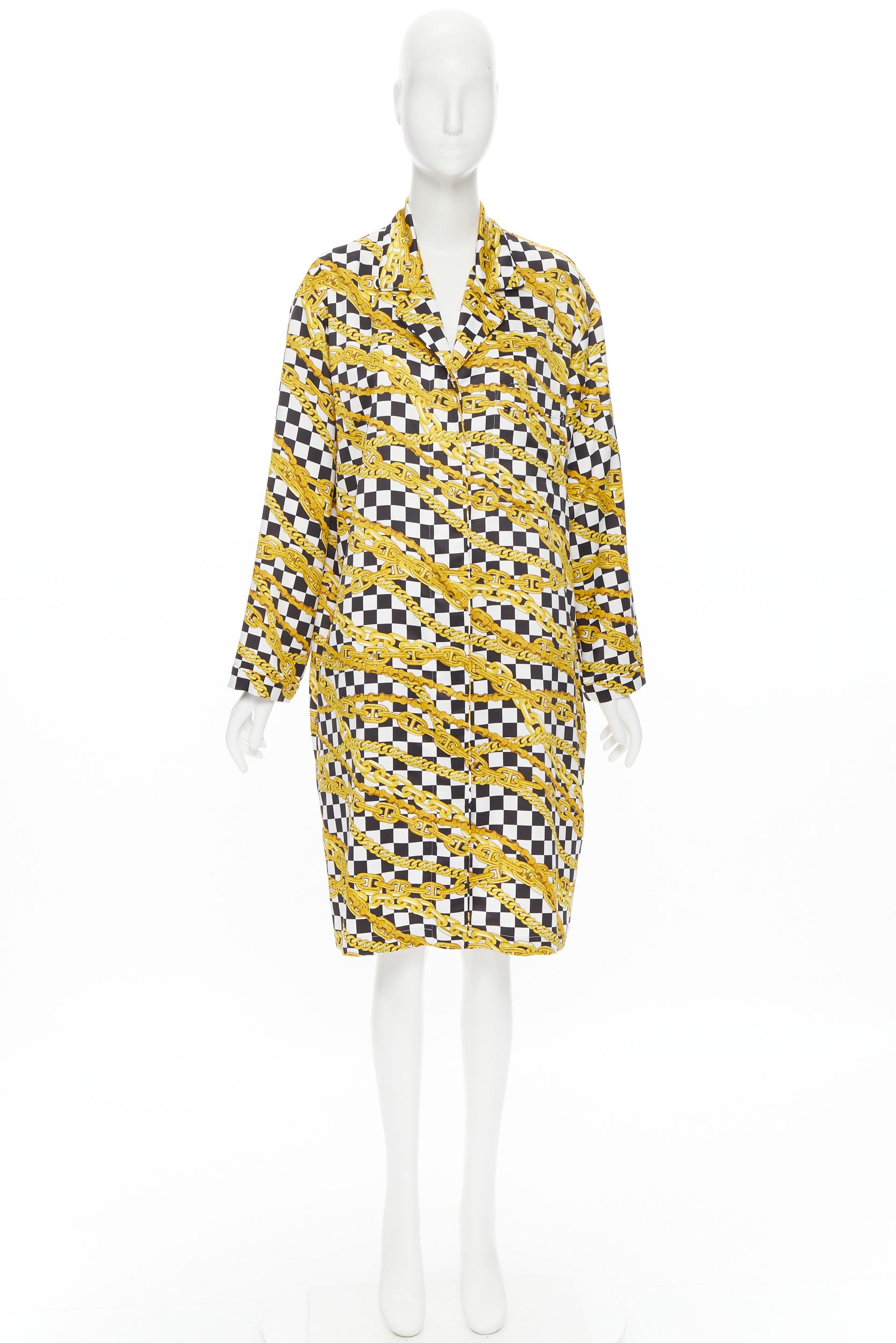 new BALENCIAGA gold vintage chain black white checker shirt dress robe FR38 4