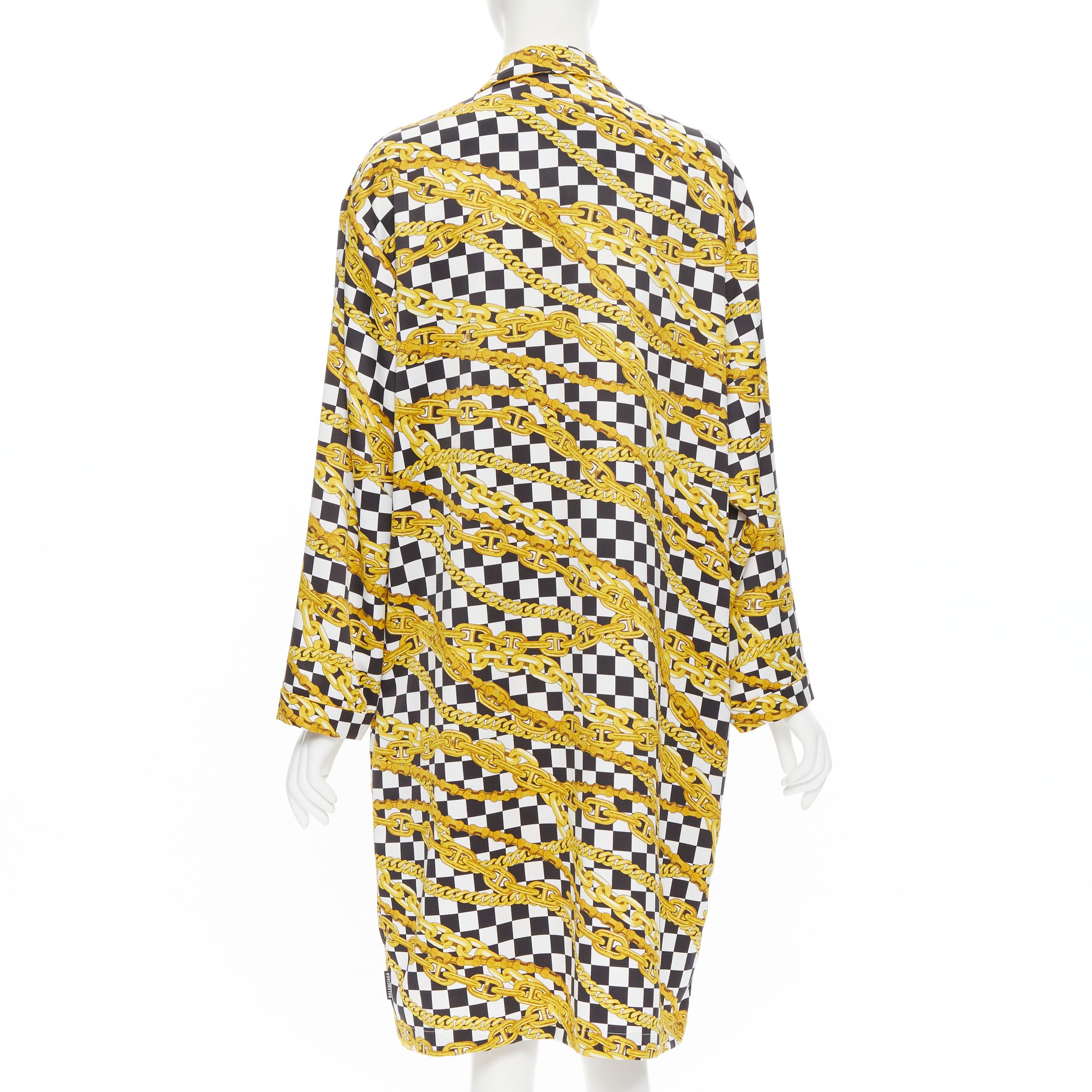 Beige new BALENCIAGA gold vintage chain black white checker shirt dress robe FR38