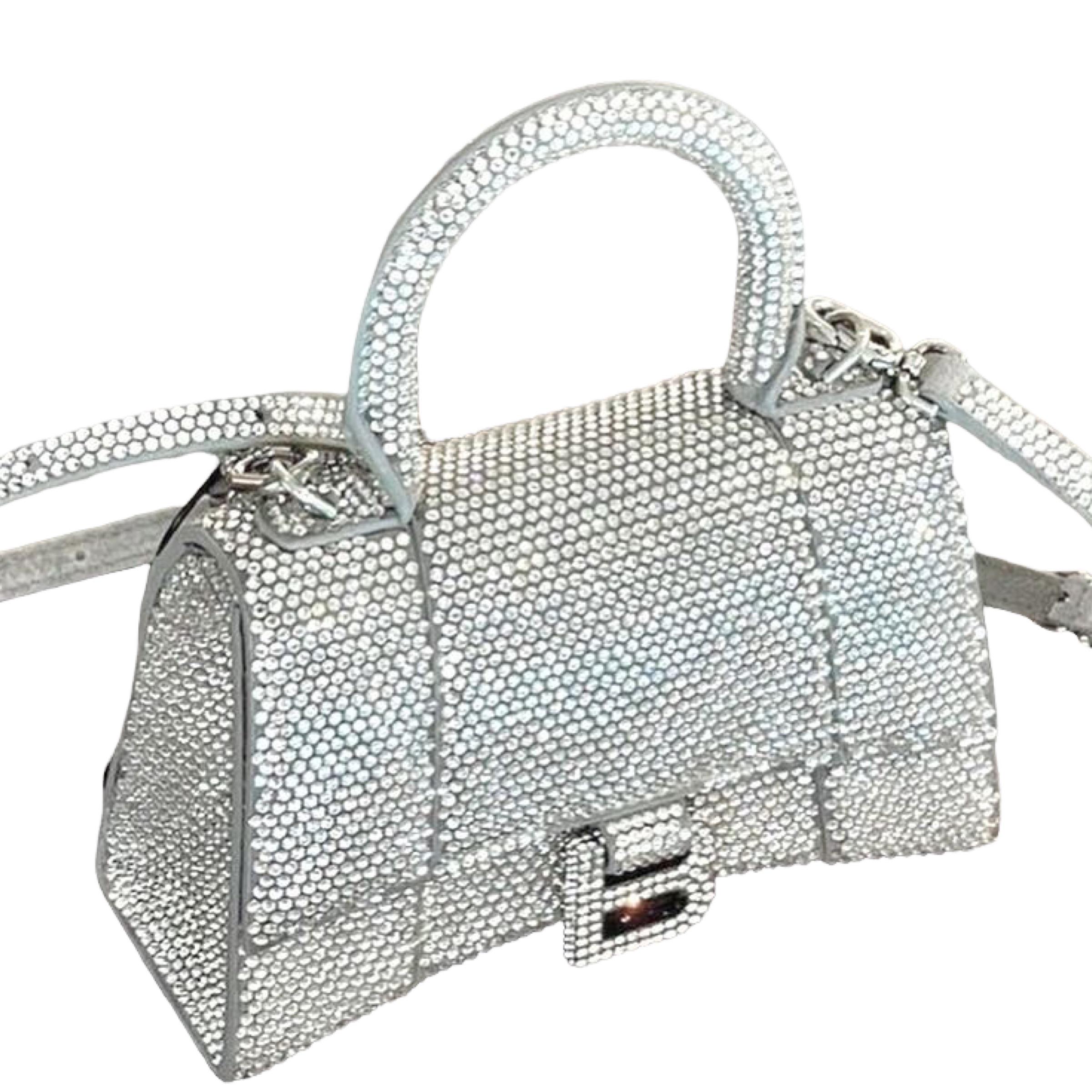 NEW Balenciaga Gray Hourglass XS Suede Calfskin Rhinestones Crossbody Bag For Sale 7