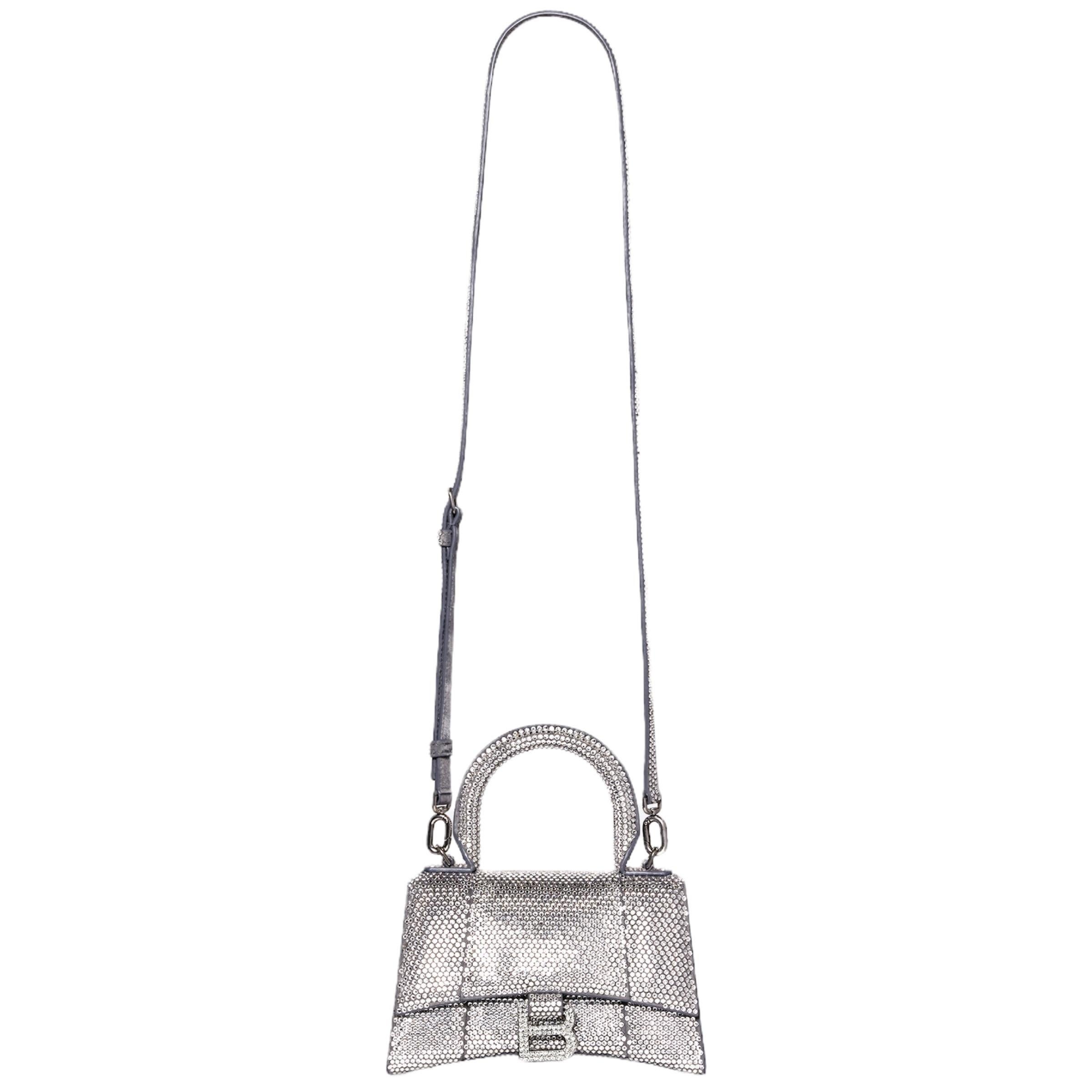 NEW Balenciaga Gray Hourglass XS Suede Calfskin Rhinestones Crossbody Bag For Sale 8