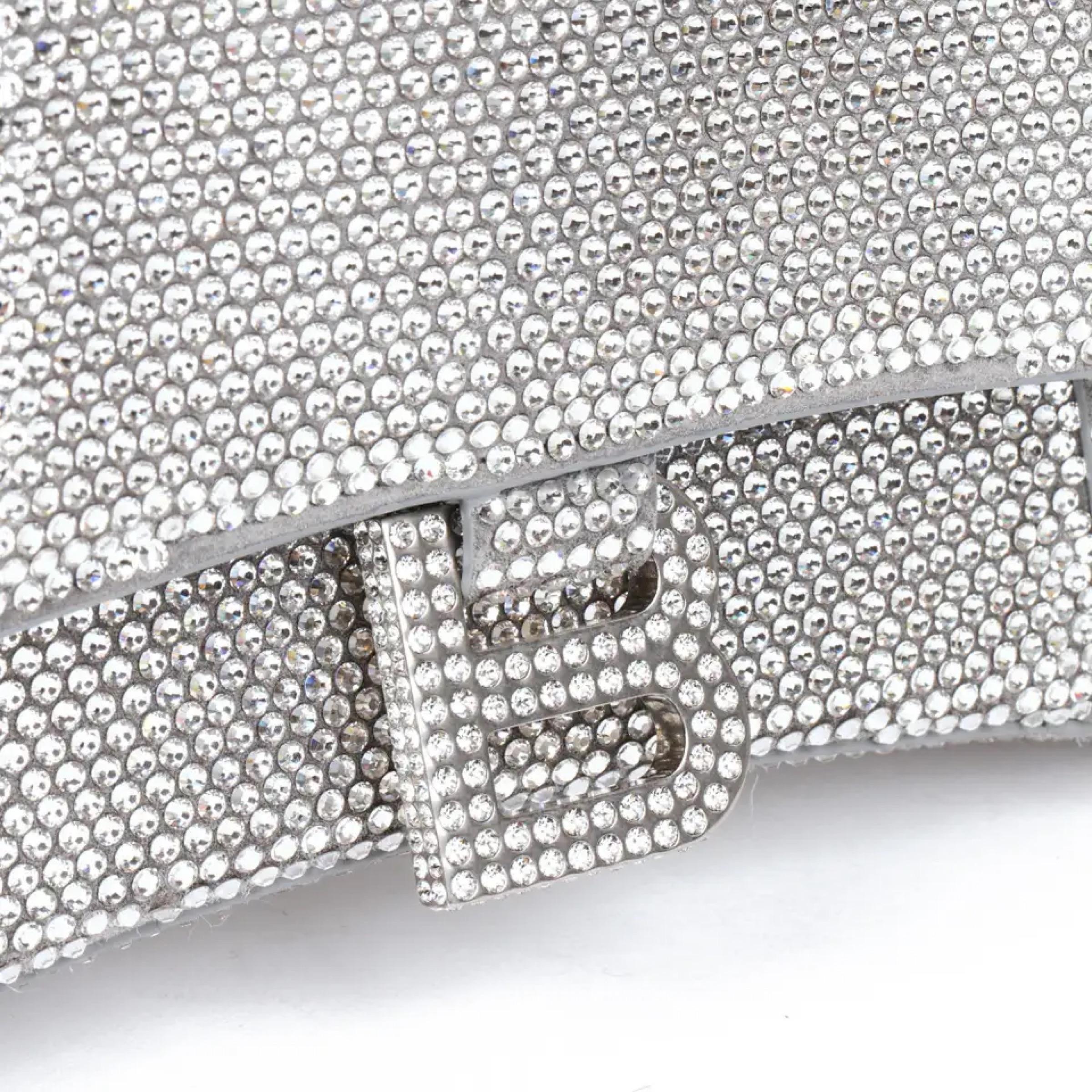 NEW Balenciaga Gray Hourglass XS Suede Calfskin Rhinestones Crossbody Bag For Sale 12