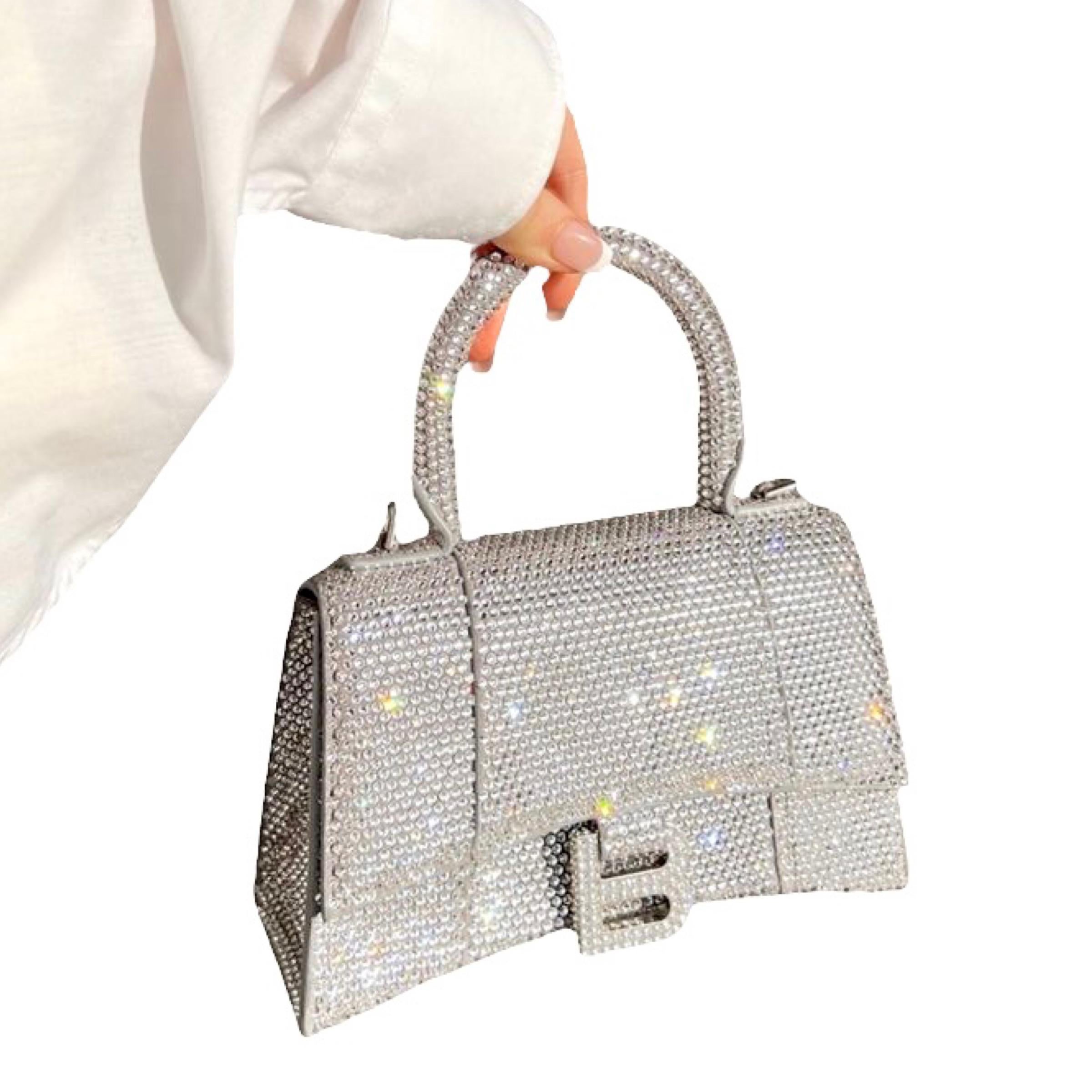 NEW Balenciaga Gray Hourglass XS Suede Calfskin Rhinestones Crossbody Bag For Sale 15
