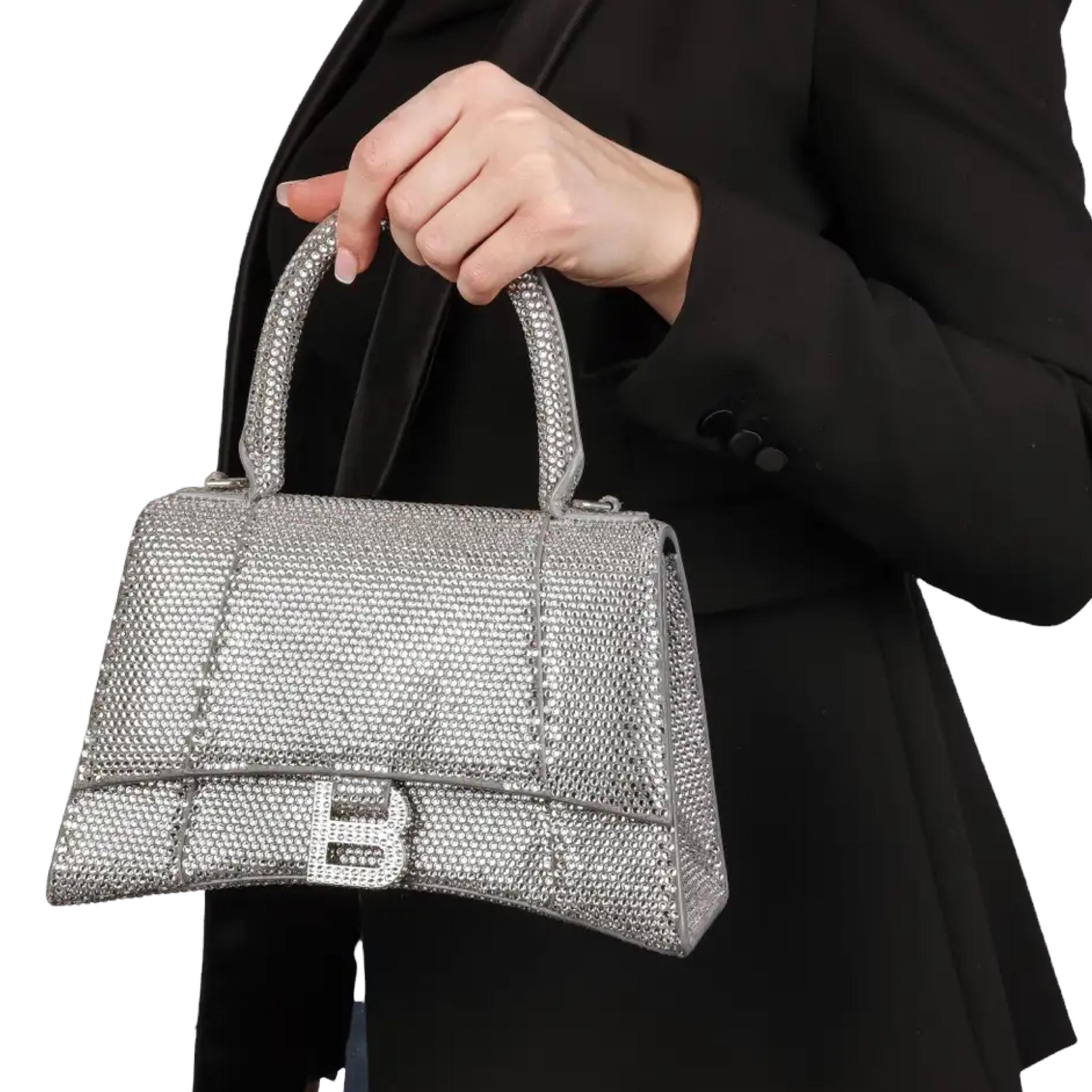 NEW Balenciaga Gray Hourglass XS Suede Calfskin Rhinestones Crossbody Bag For Sale 16