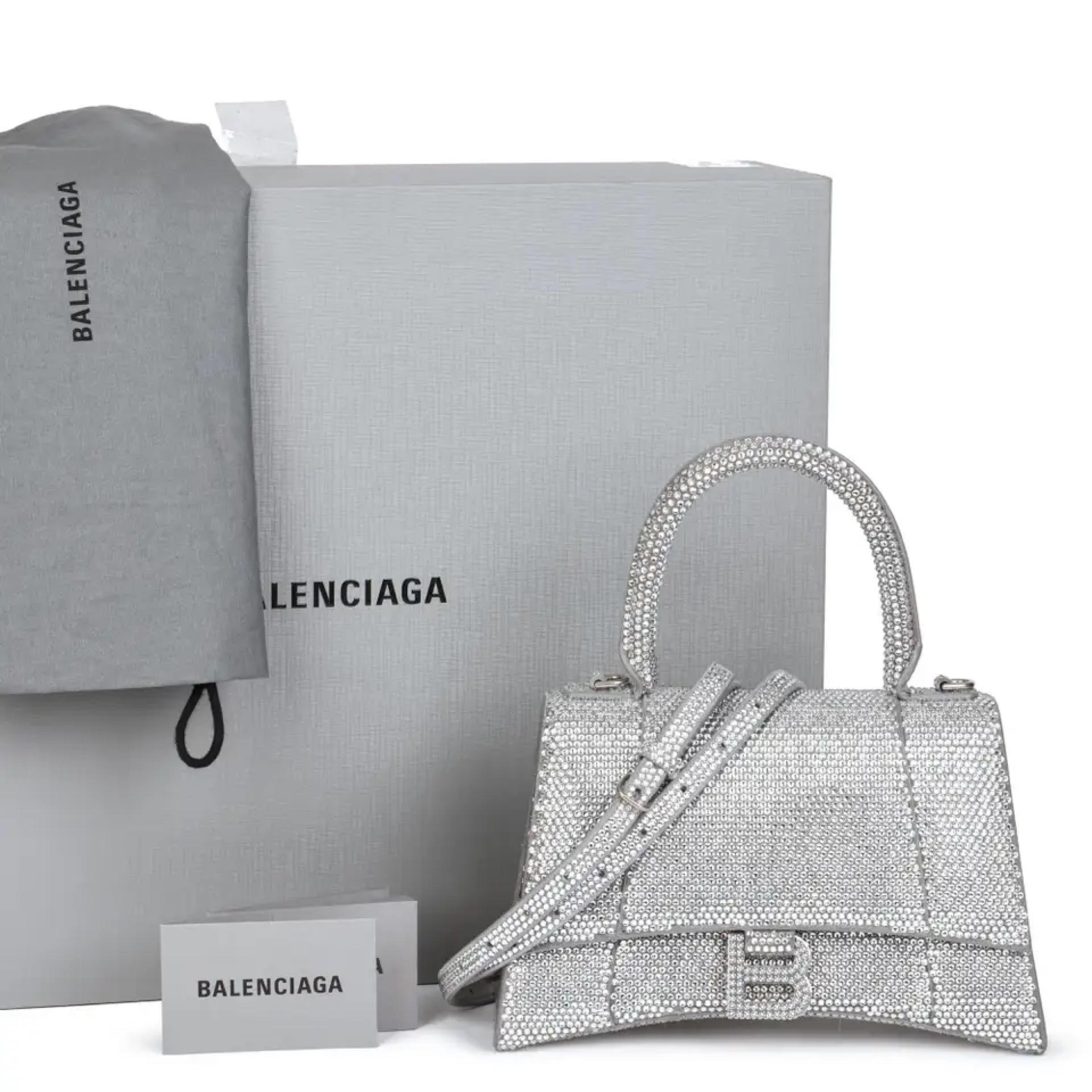 NEW Balenciaga Gray Hourglass XS Suede Calfskin Rhinestones Crossbody Bag For Sale 17