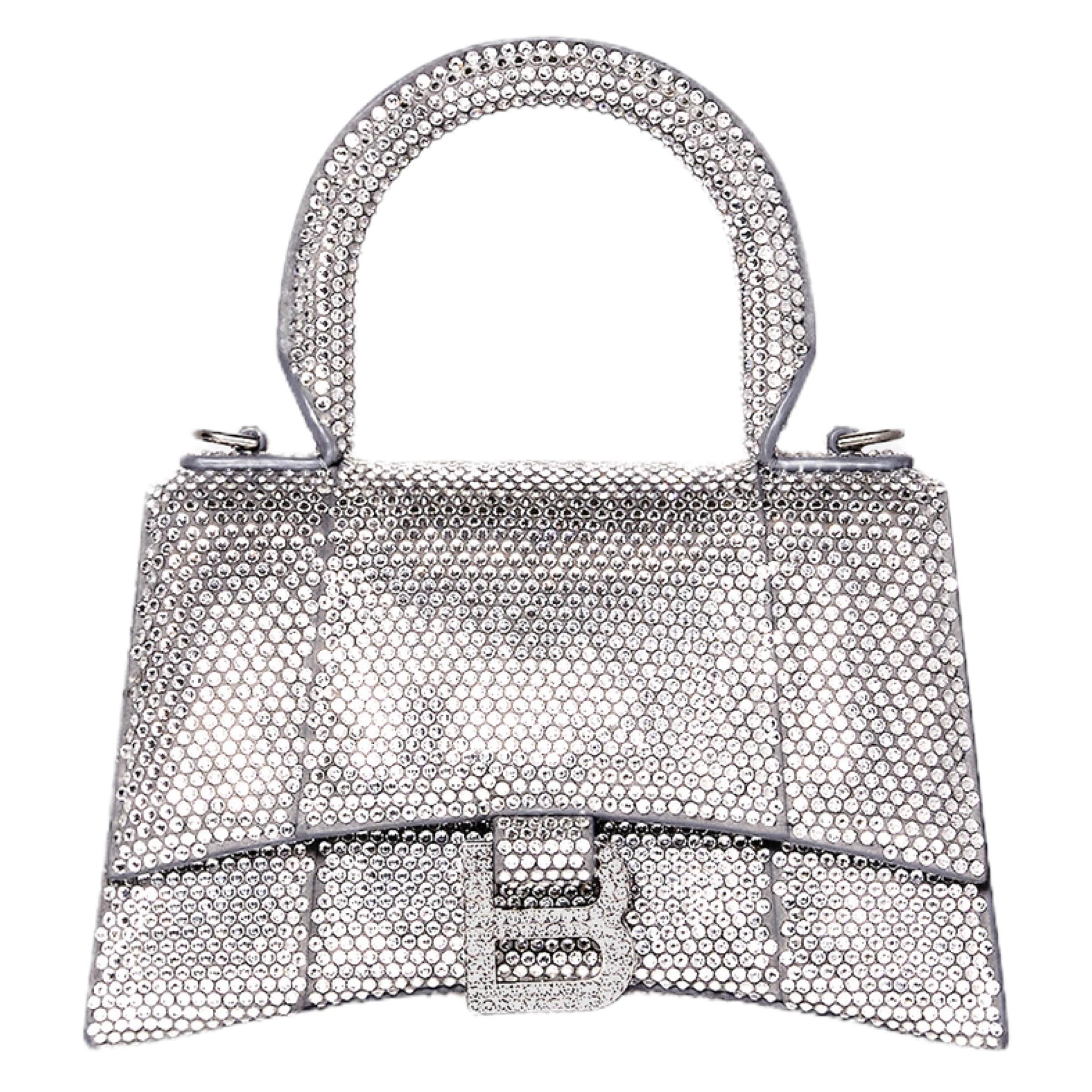 Women's NEW Balenciaga Gray Hourglass XS Suede Calfskin Rhinestones Crossbody Bag For Sale