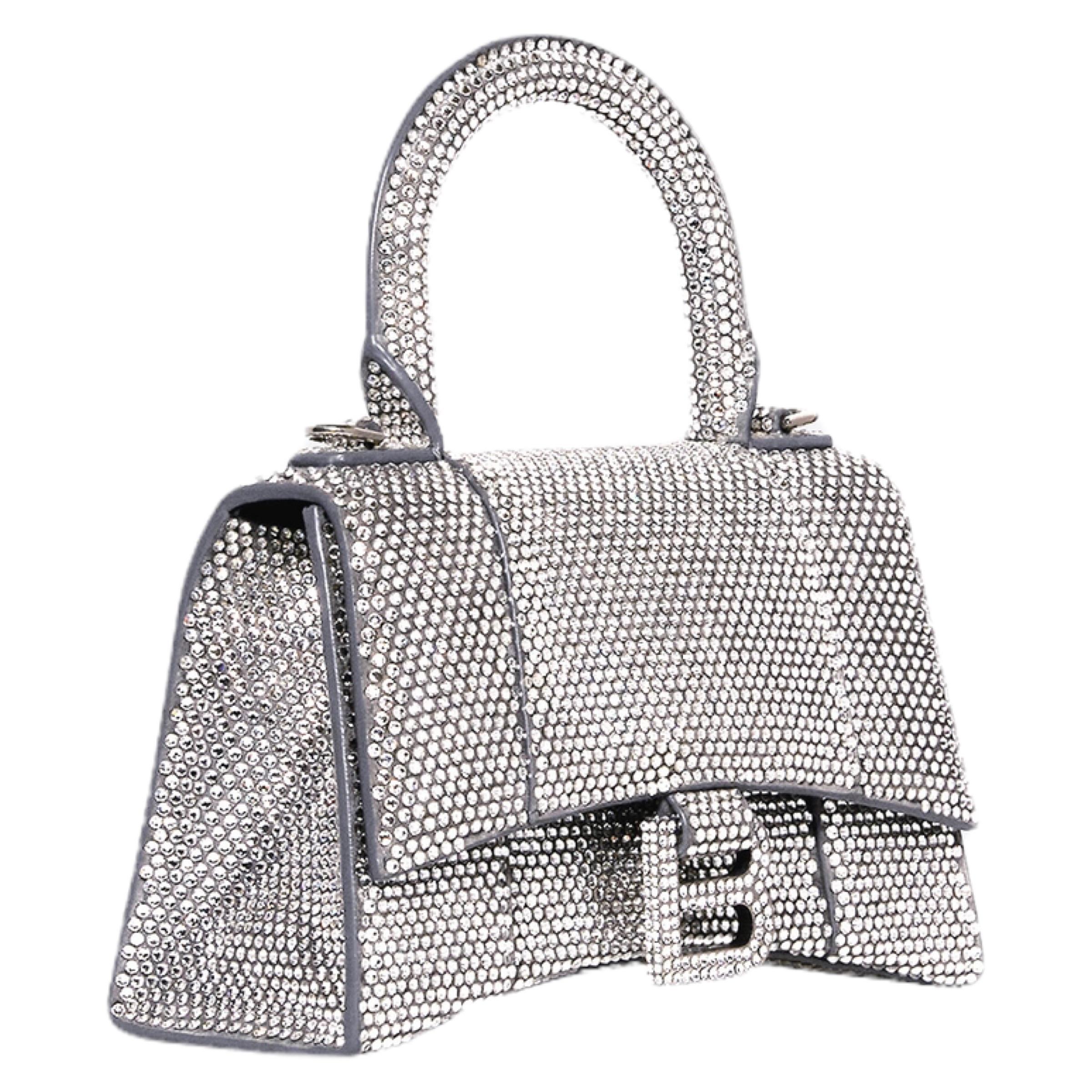 NEW Balenciaga Gray Hourglass XS Suede Calfskin Rhinestones Crossbody Bag For Sale 2