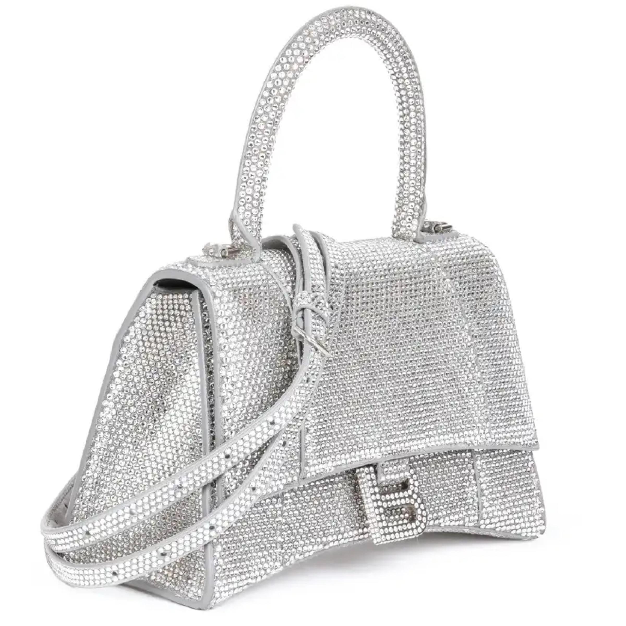 NEW Balenciaga Gray Hourglass XS Suede Calfskin Rhinestones Crossbody Bag For Sale 3