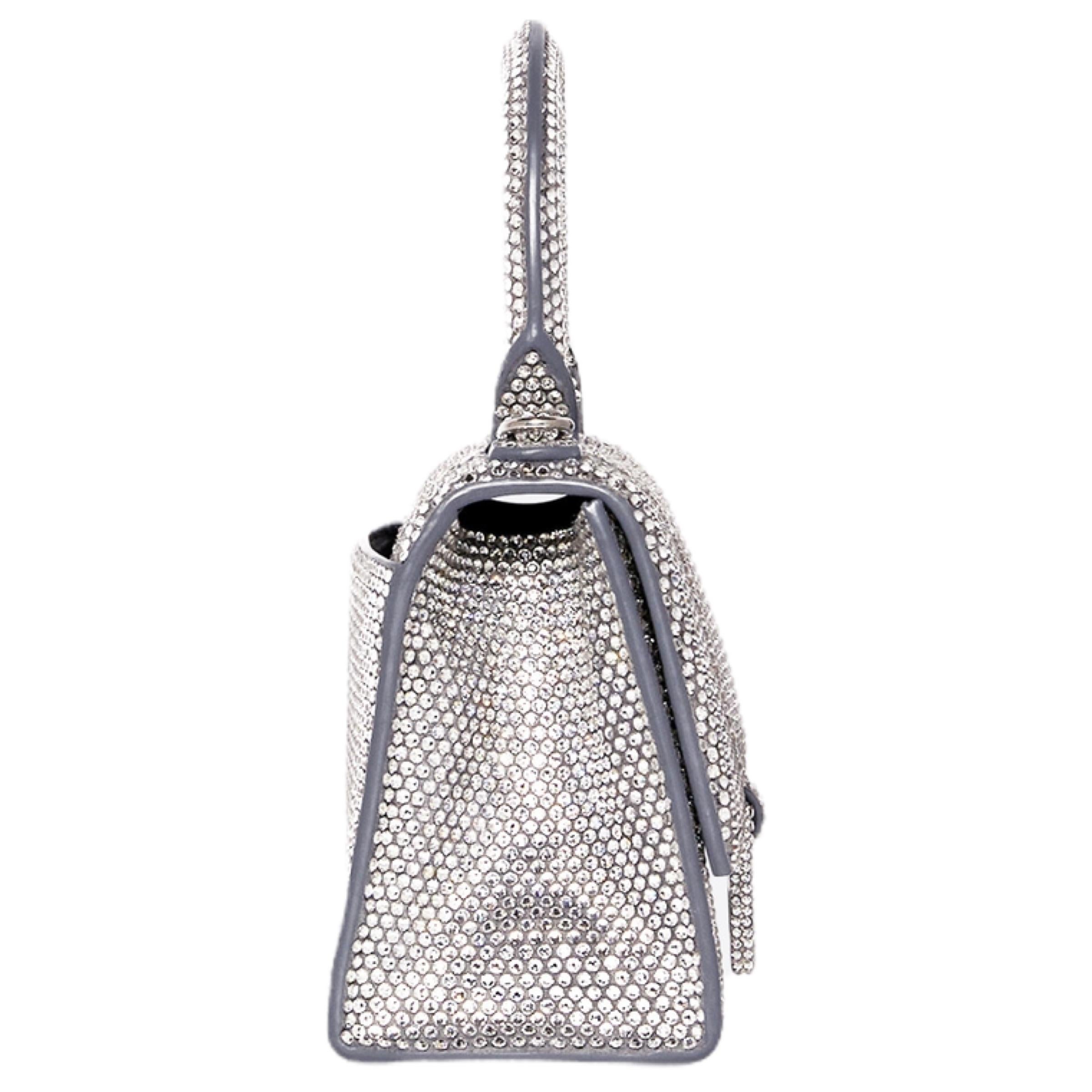 NEW Balenciaga Gray Hourglass XS Suede Calfskin Rhinestones Crossbody Bag For Sale 4