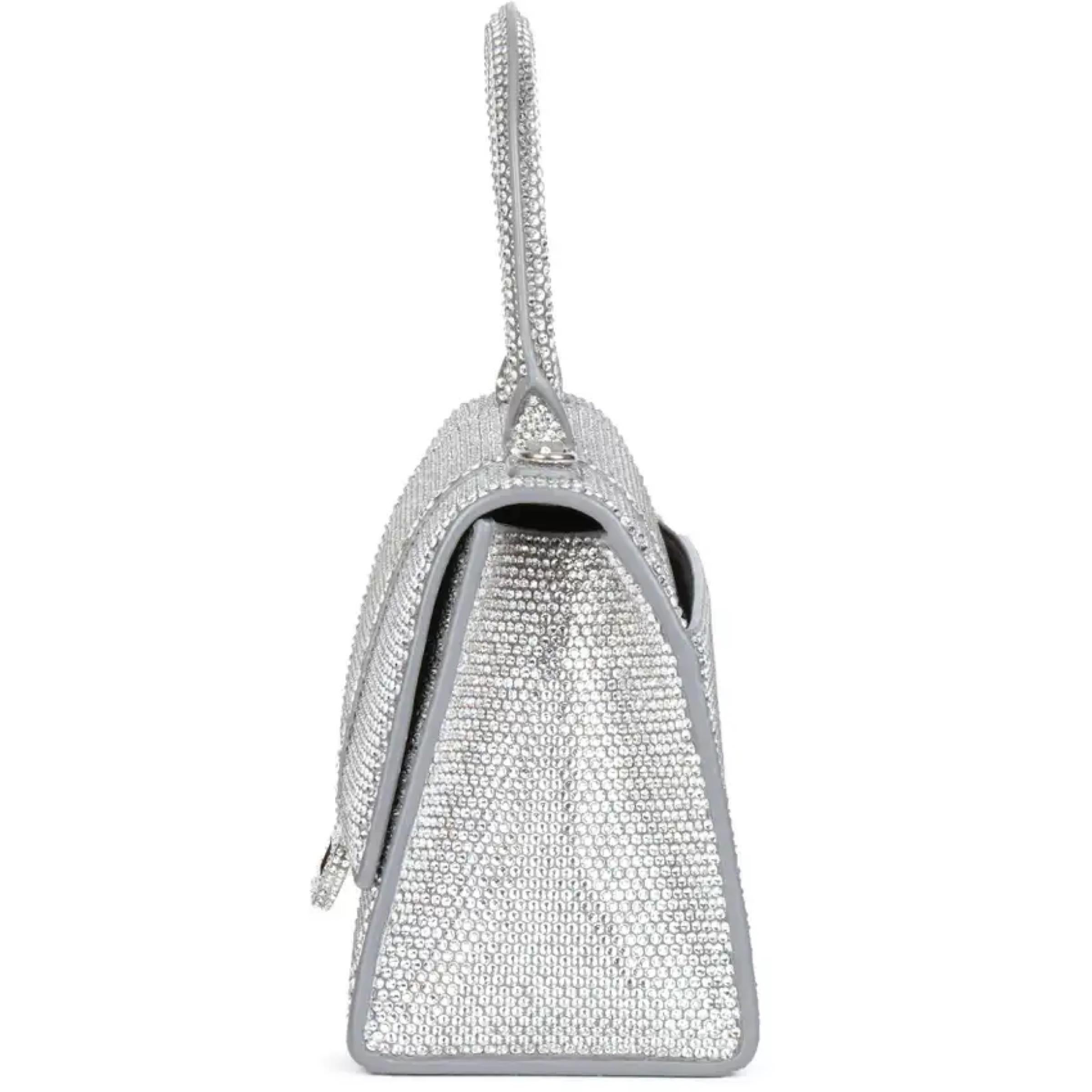 NEW Balenciaga Gray Hourglass XS Suede Calfskin Rhinestones Crossbody Bag For Sale 5