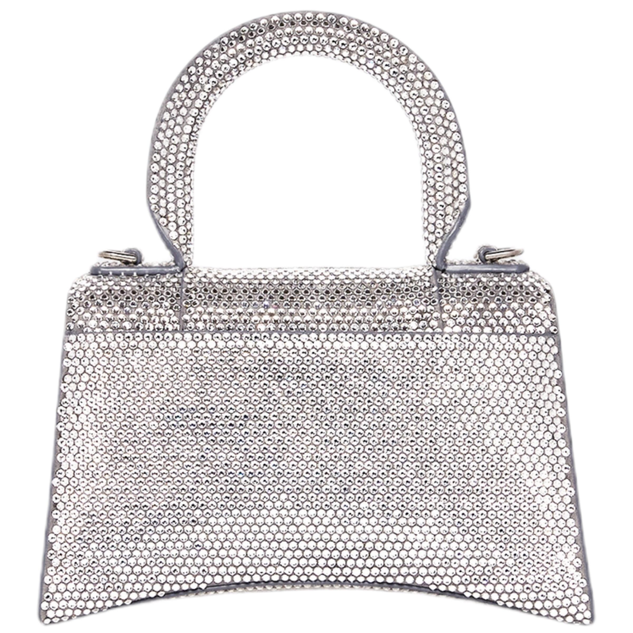 NEW Balenciaga Gray Hourglass XS Suede Calfskin Rhinestones Crossbody Bag For Sale 6