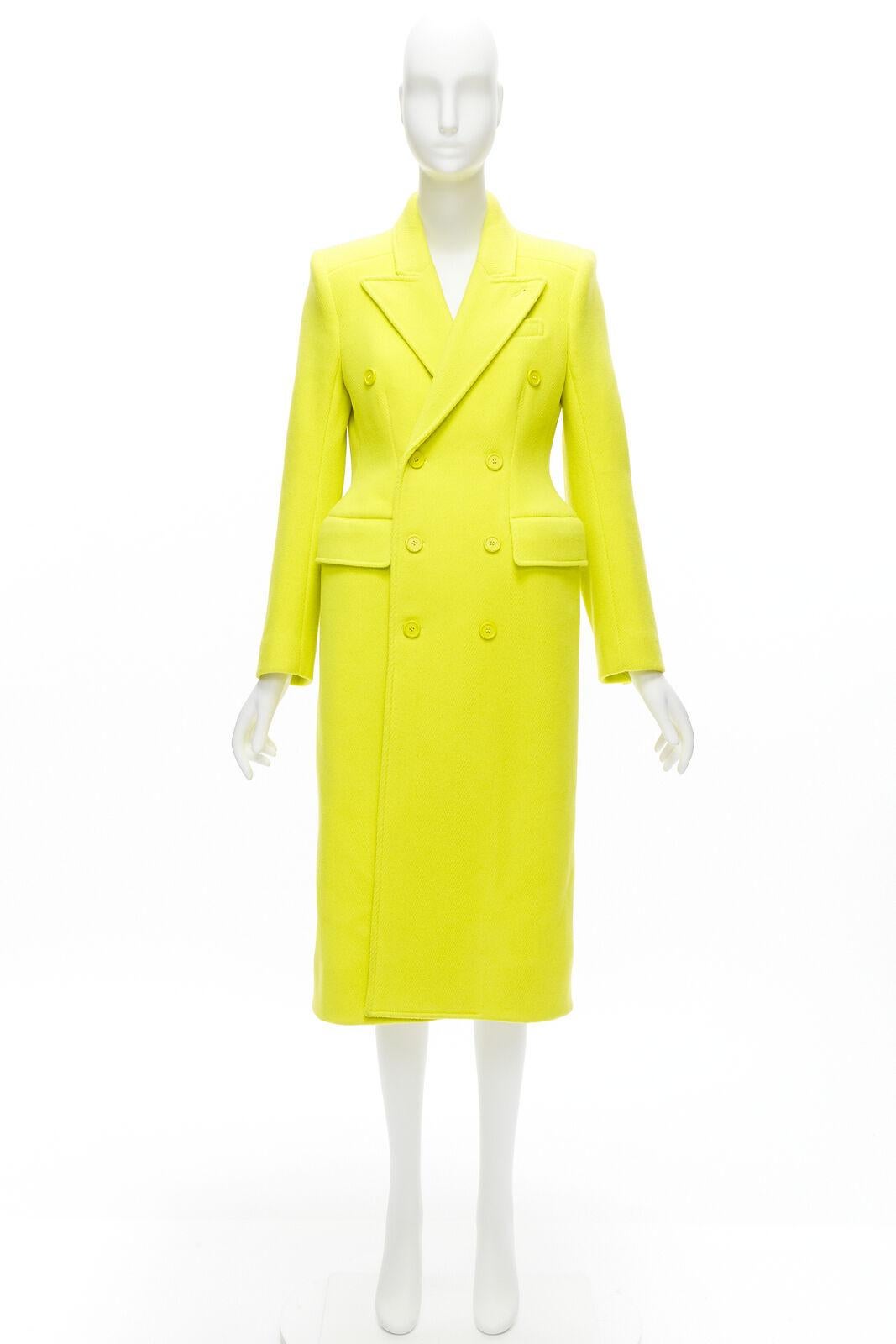 new BALENCIAGA Hourglass bright yellow wool double breasted peplum coat FR34 XS For Sale 4